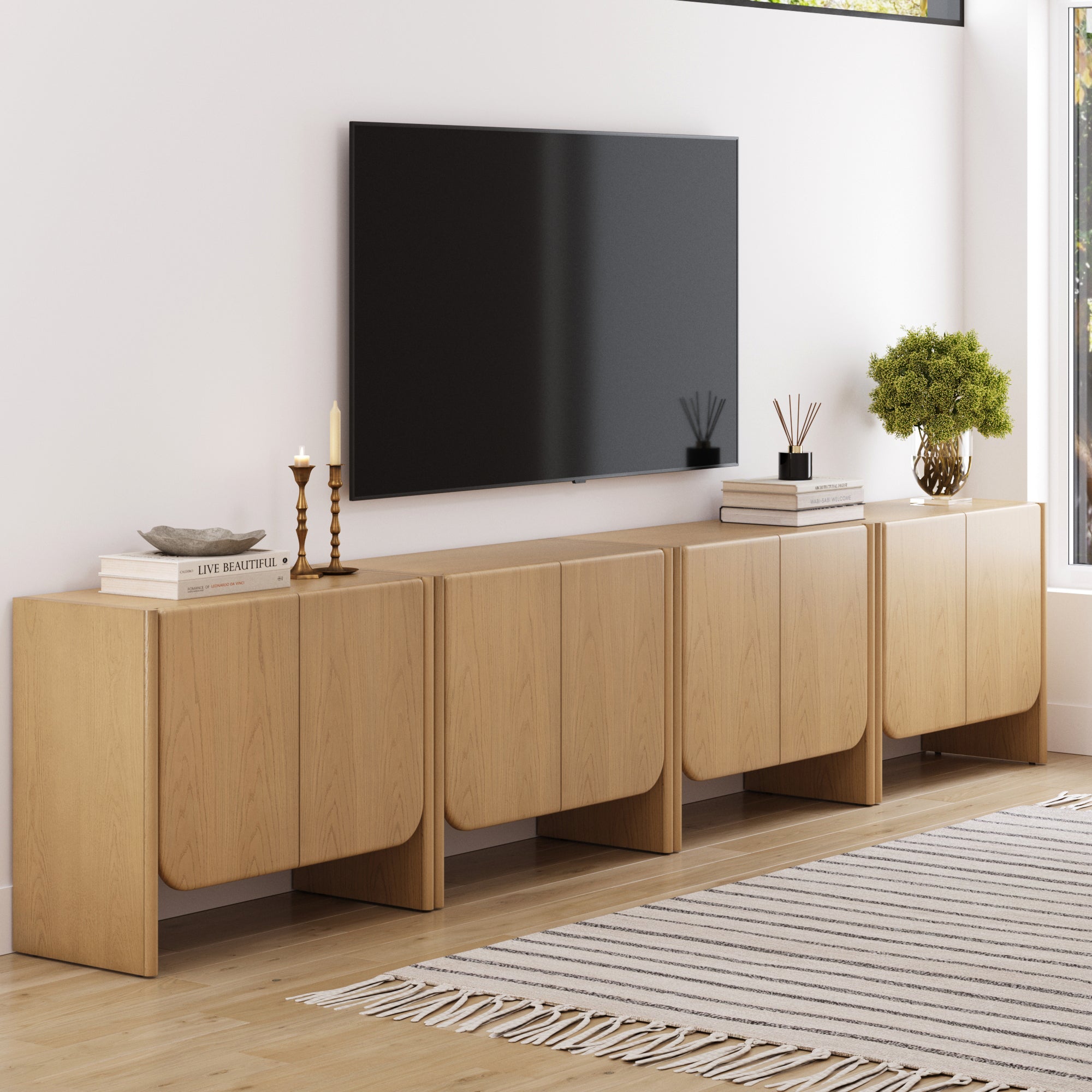 Rounded Wood TV Console Cabinet Raw Oak for TVs up to 100"