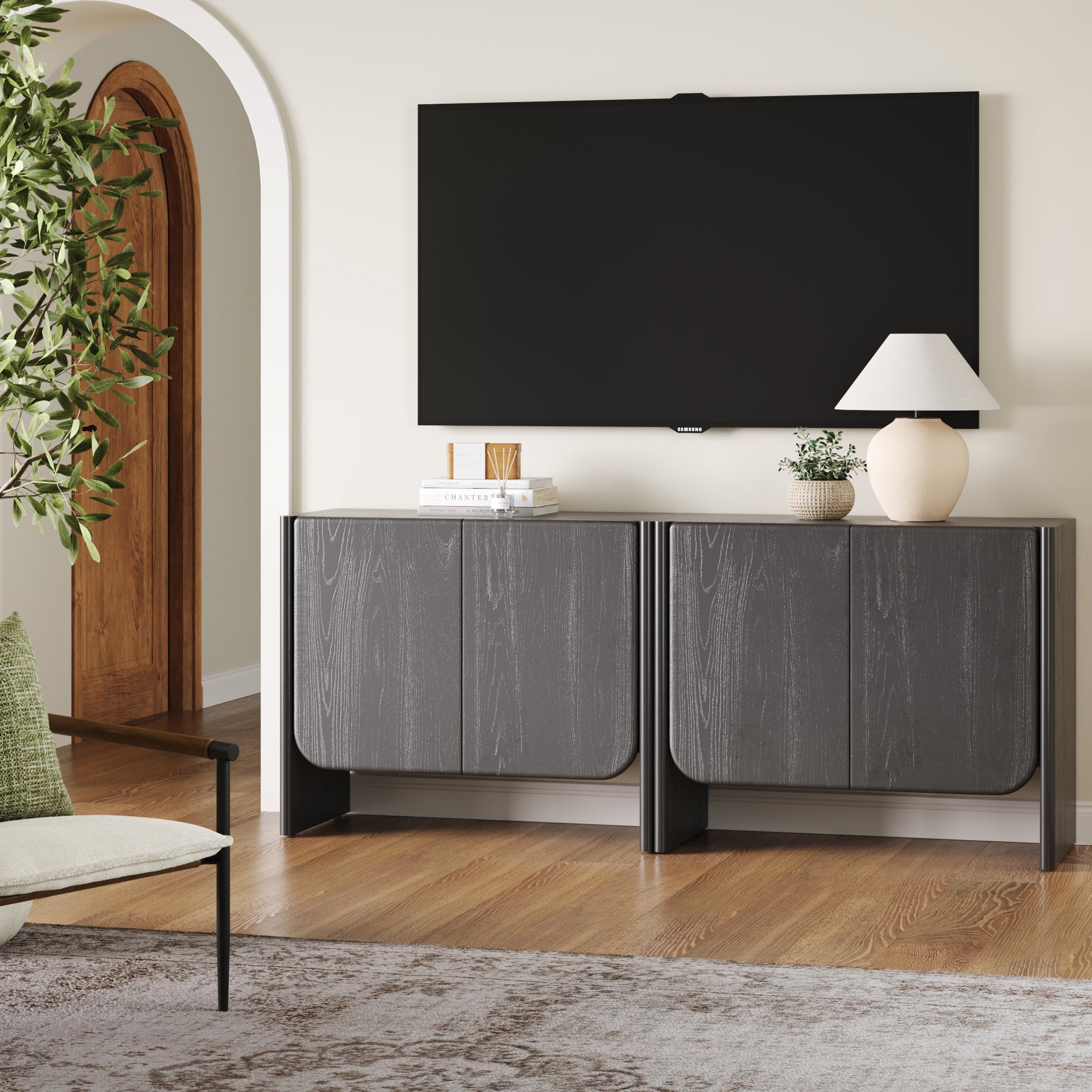 Rounded Wood TV Console Cabinet Black Oak for TVs up to 65"