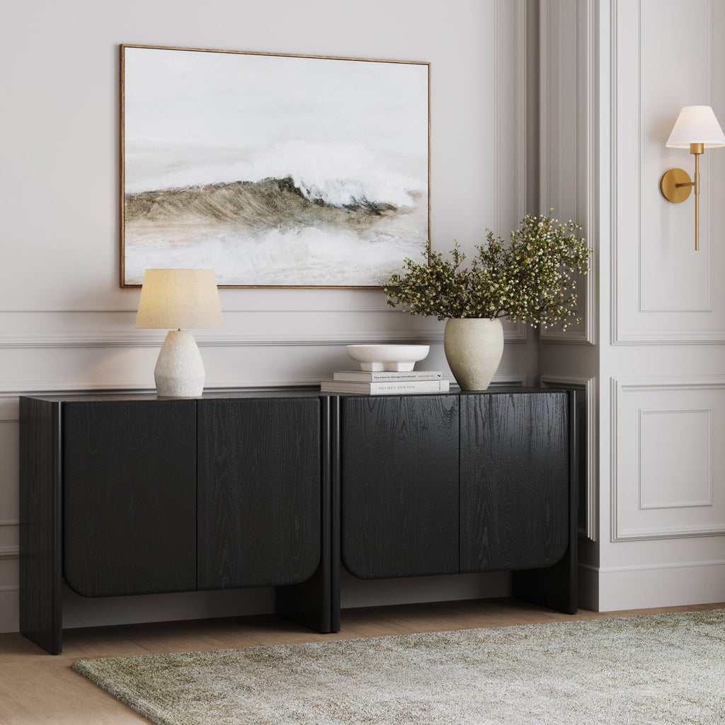 Rounded Wood TV Console Cabinet Black Oak for TVs up to 65"
