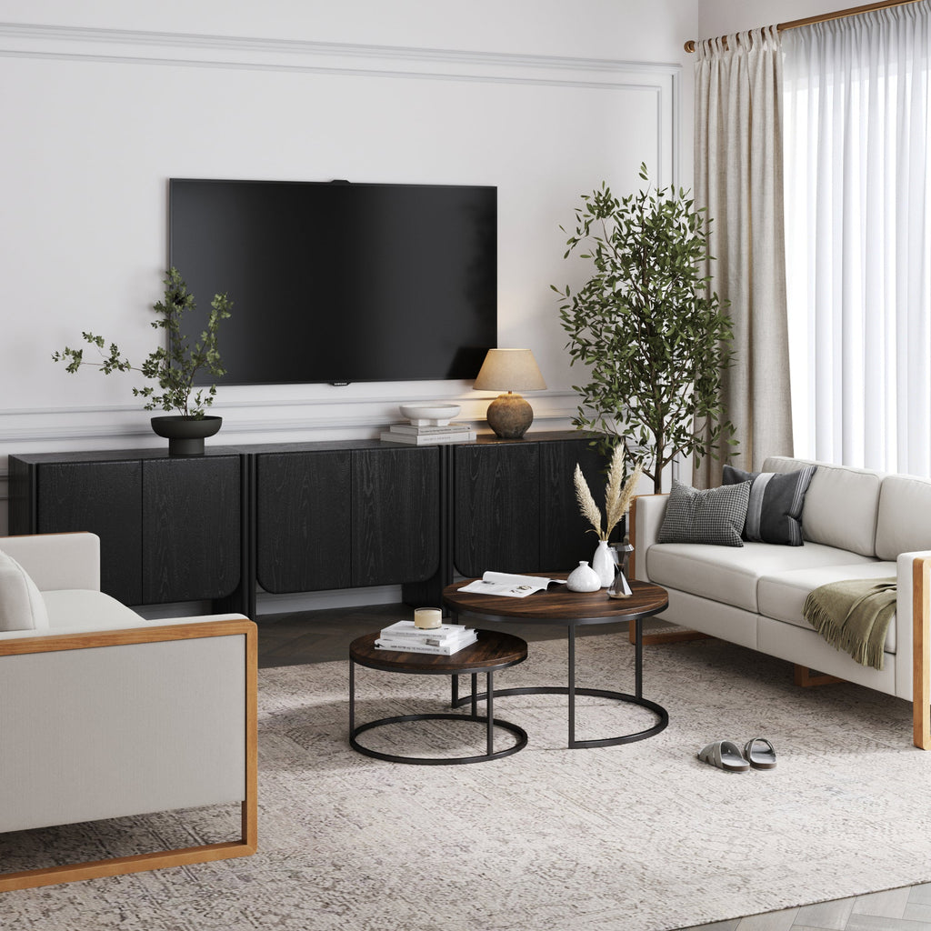 Rounded Wood TV Console Cabinet Black Oak for TVs up to 75"