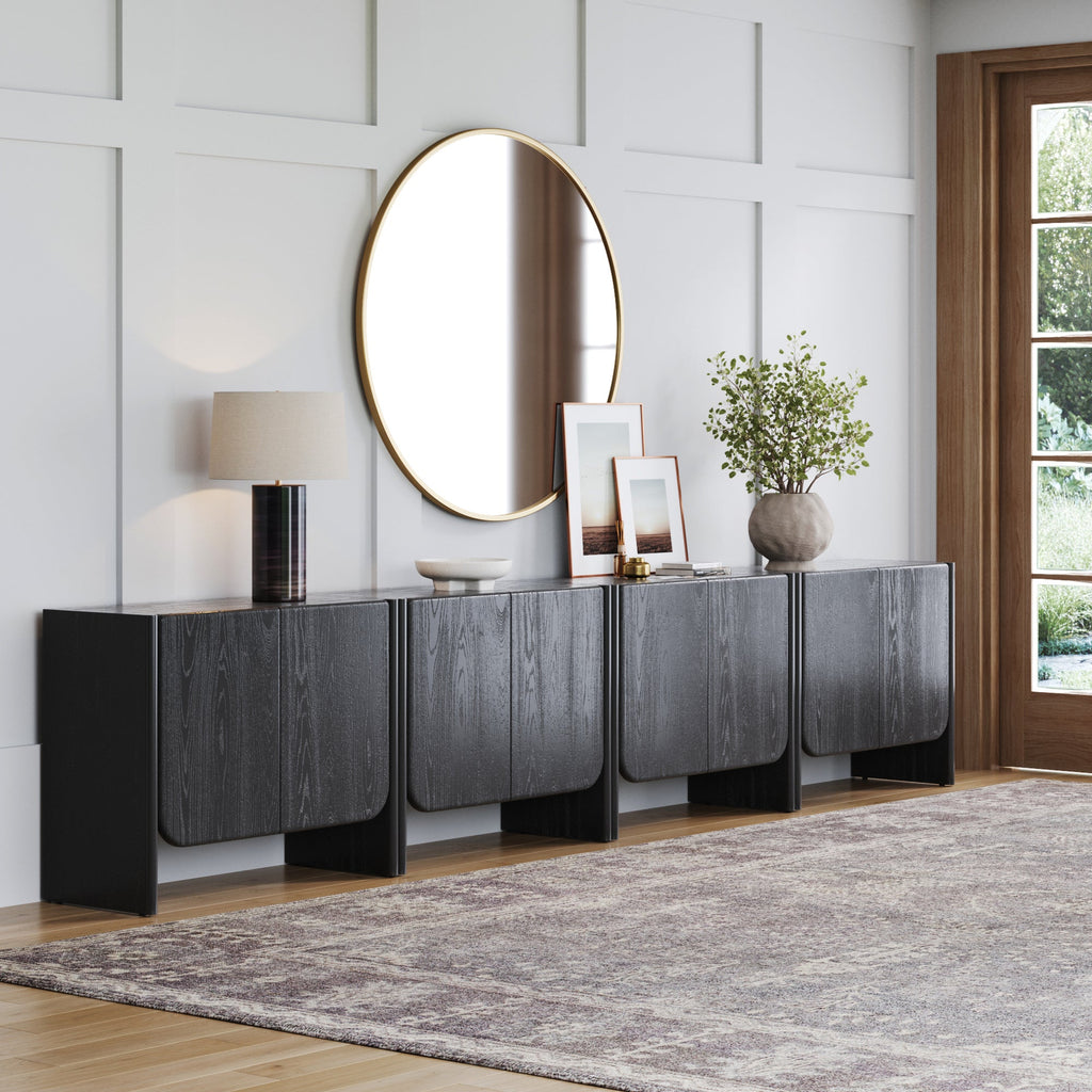 Rounded Wood TV Console Cabinet Black Oak for TVs up to 100"