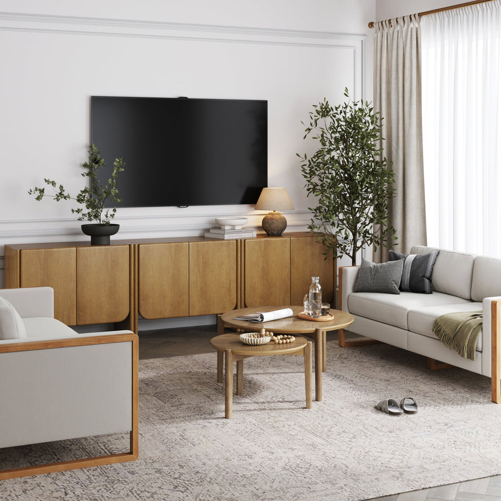 Rounded Wood TV Console Cabinet Light Brown for TVs up to 75"