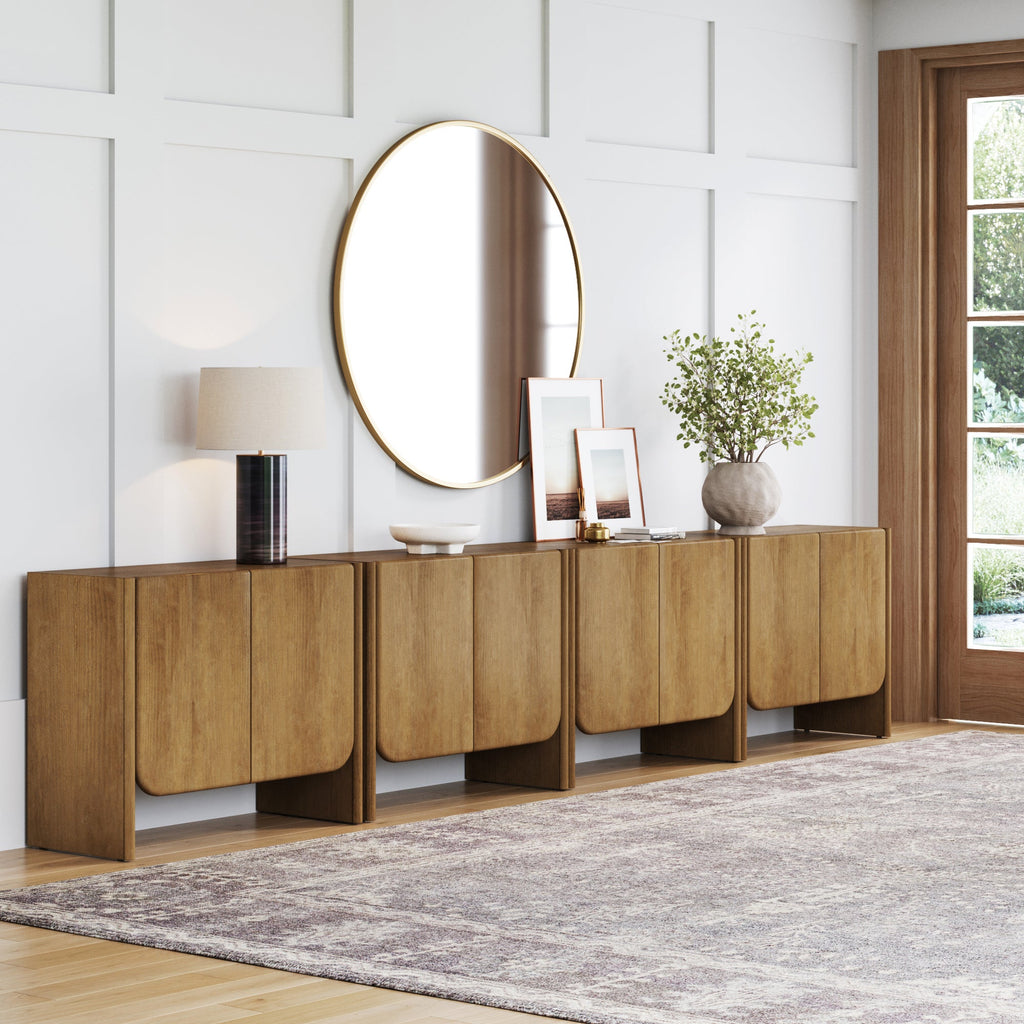 Rounded Wood TV Console Cabinet Light Brown for TVs up to 100"