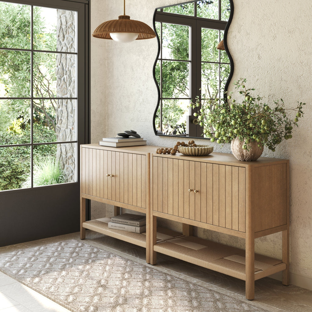 Wood TV Console with Open Seagrass Shelf for TVs up to 65"