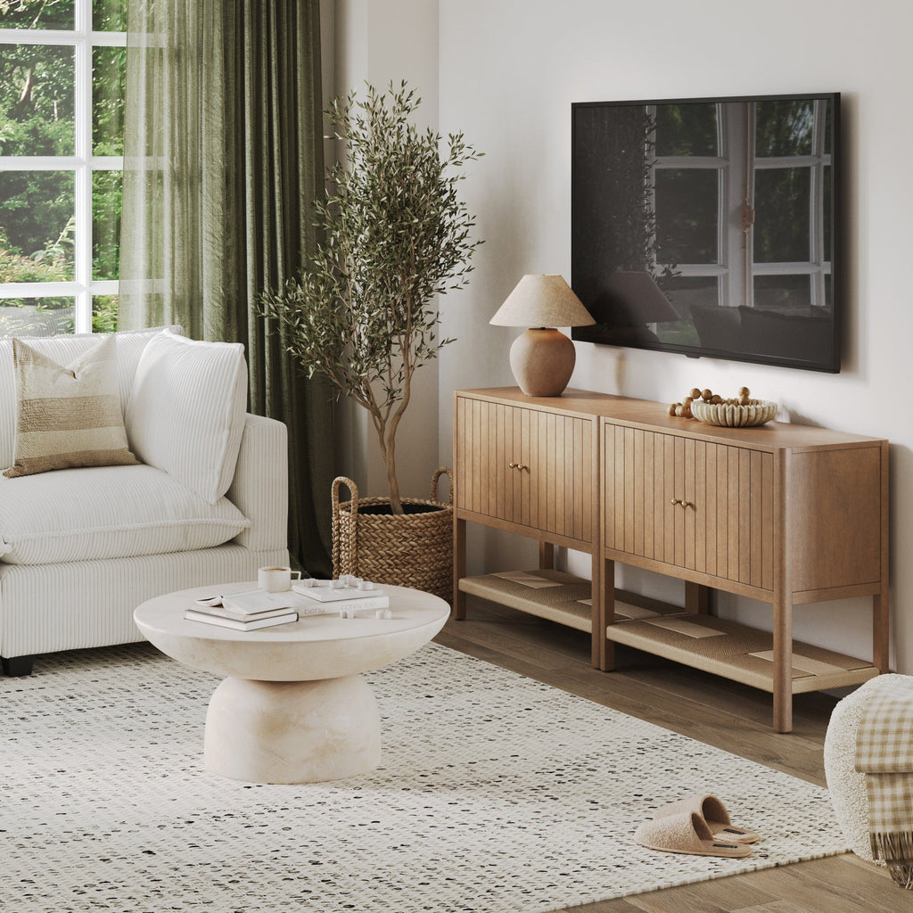 Wood TV Console with Open Seagrass Shelf for TVs up to 65"