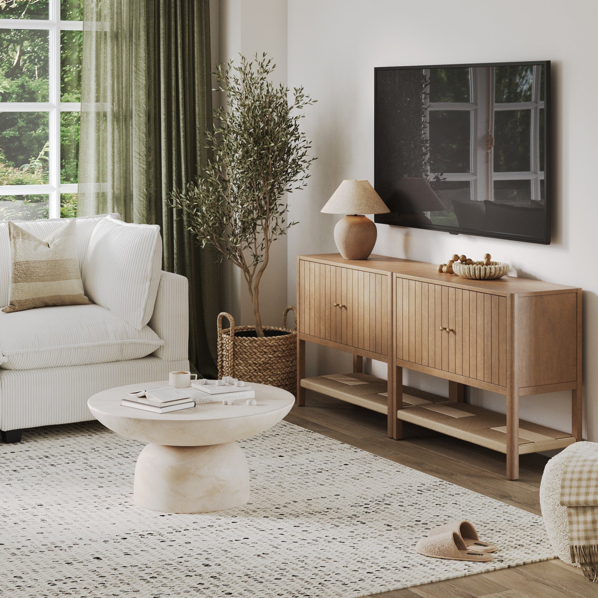 Wood TV Console with Open Seagrass Shelf for TVs up to 65"
