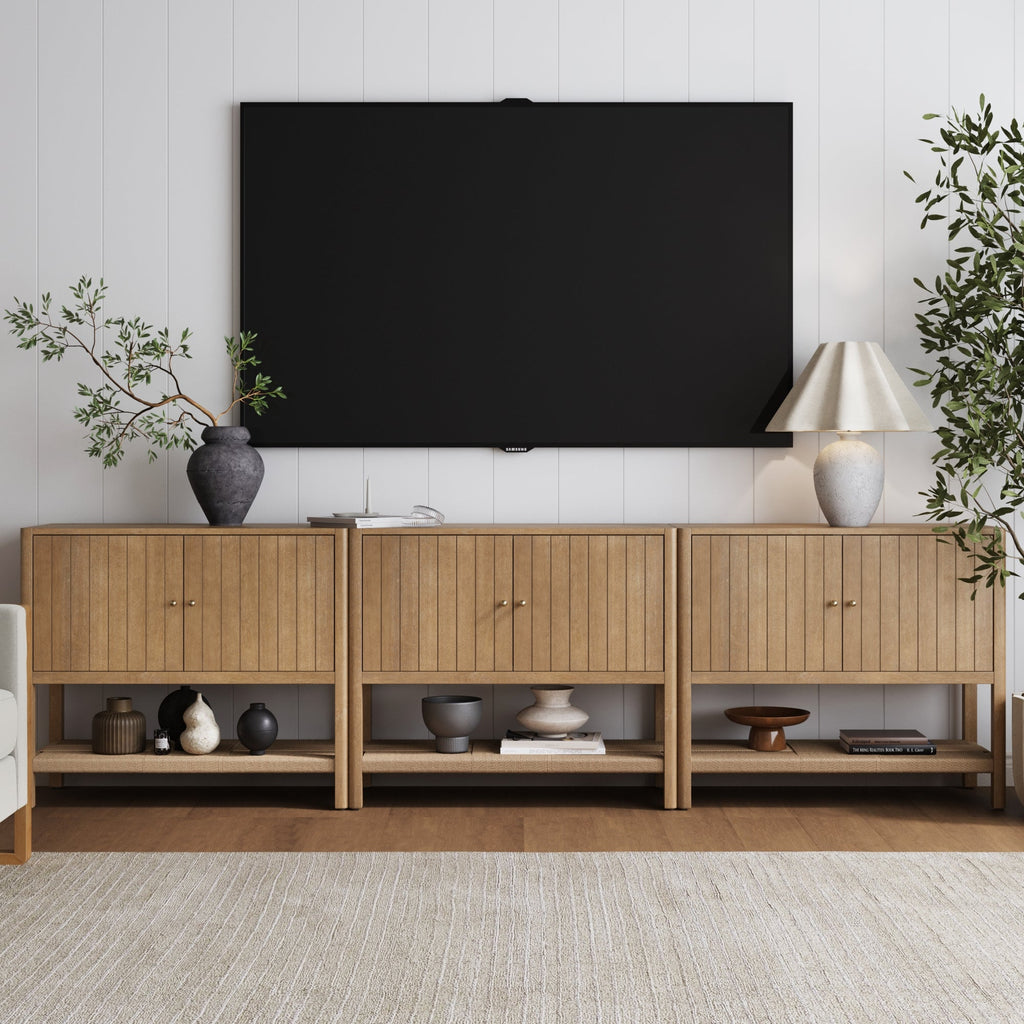 Wood TV Console with Open Seagrass Shelf for TVs up to 75"