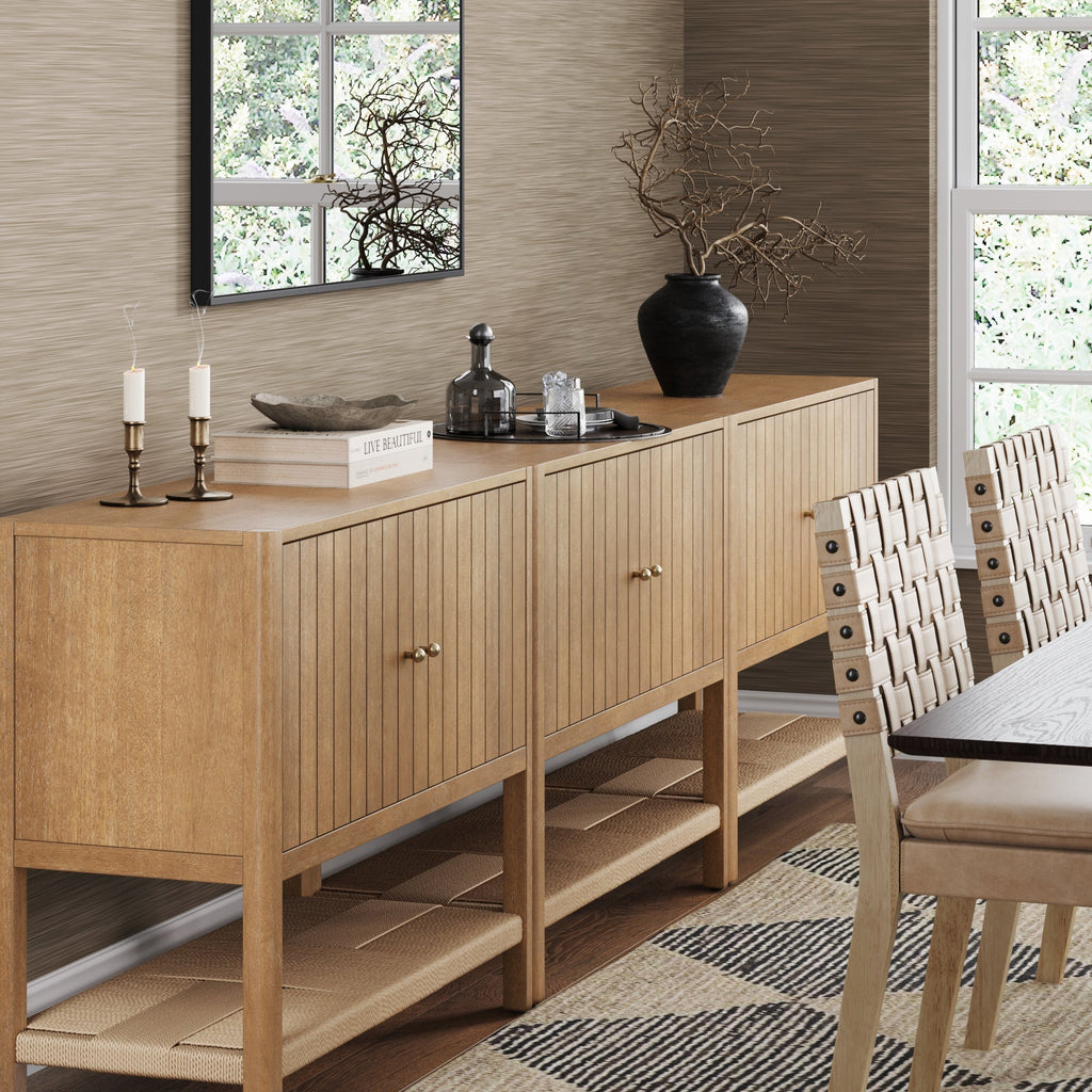 Wood TV Console with Open Seagrass Shelf for TVs up to 75"