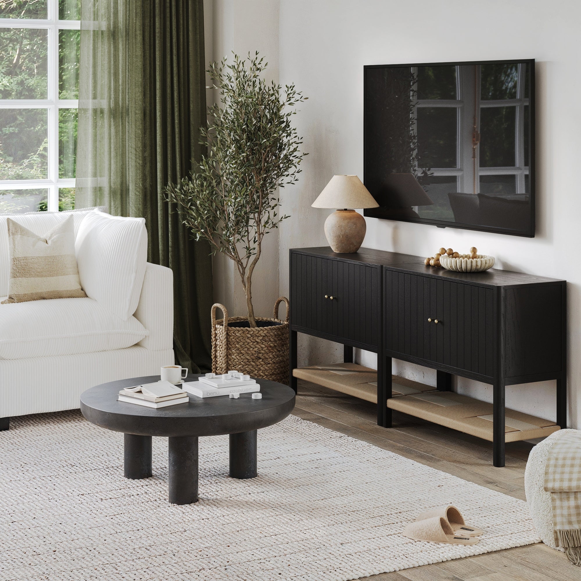 Wood TV Console with Open Seagrass Shelf for TVs up to 65"