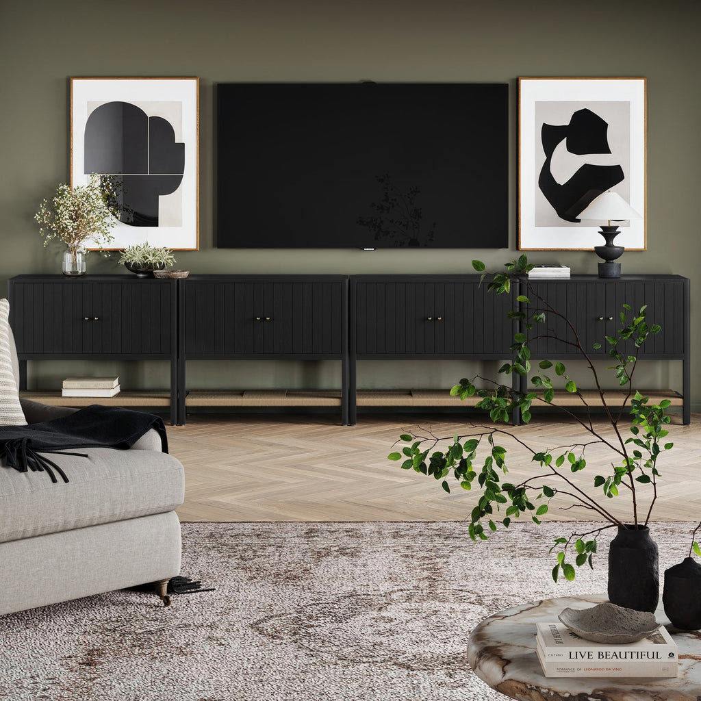 Grooved Door Large Credenza Storage Cabinet