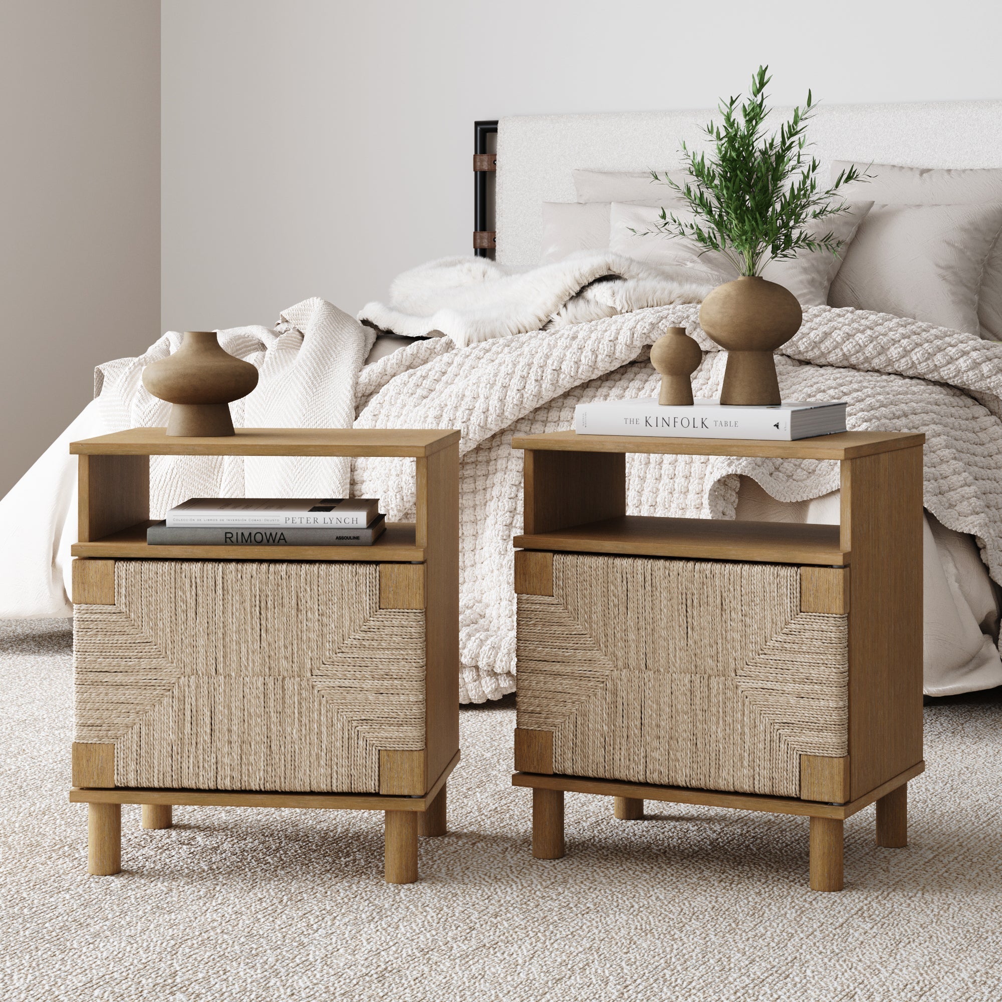 Boho Seagrass Storage Nightstand