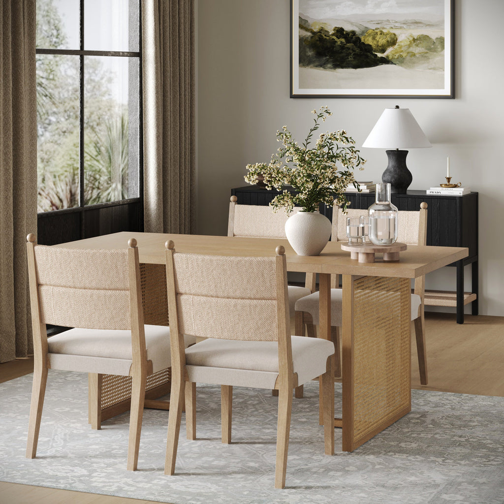Rattan Dining Table with Flax Upholstered Chair Set of 4