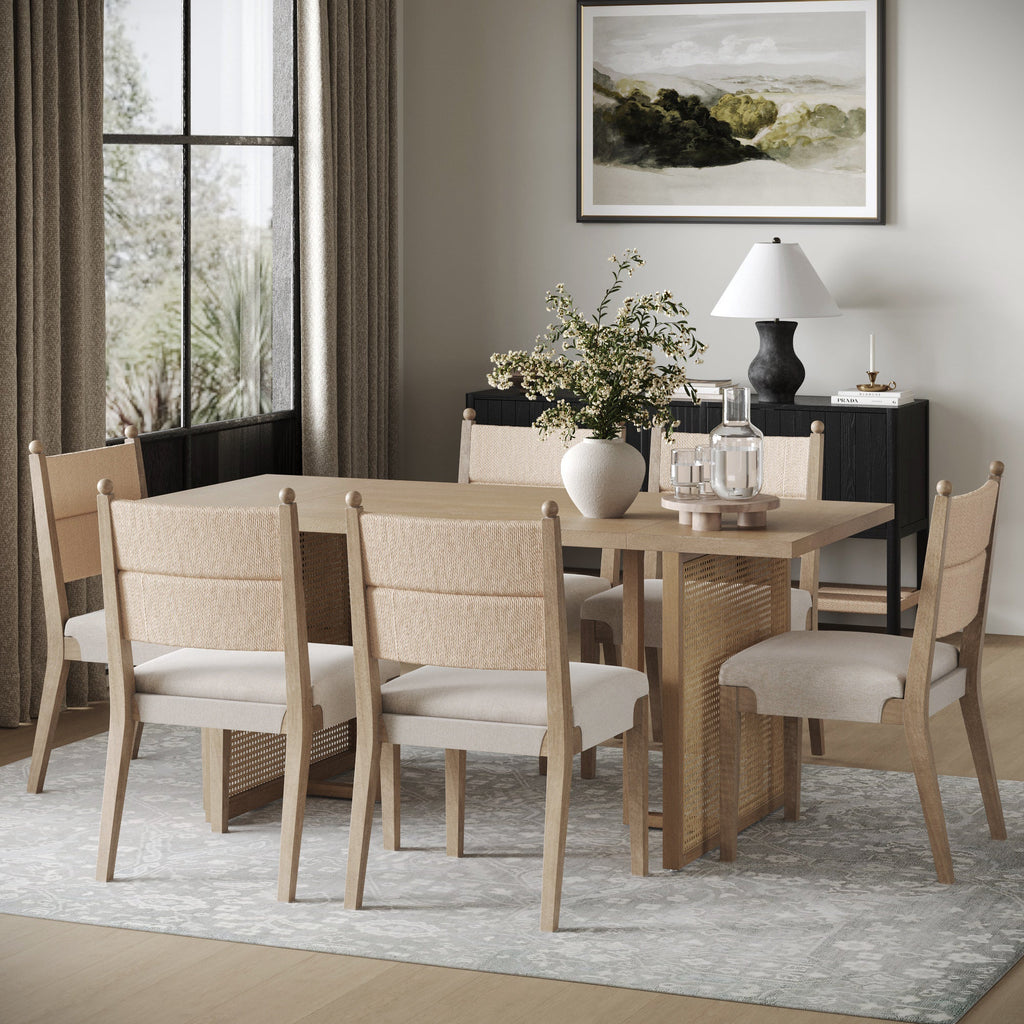 Rattan Dining Table with Flax Upholstered Chair Set of 6
