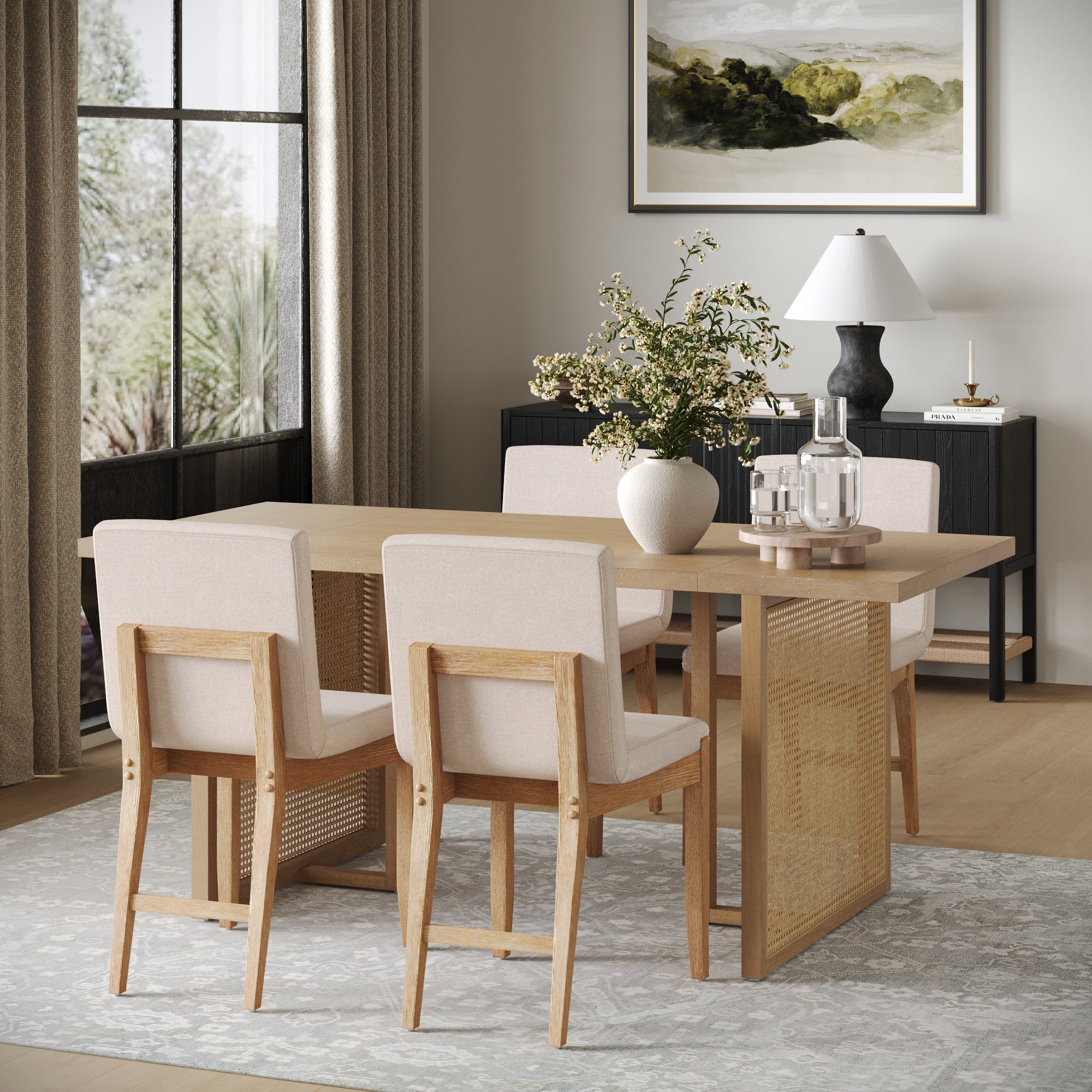 Rattan Boho Dining Set w/ Upholstered Dining Chair