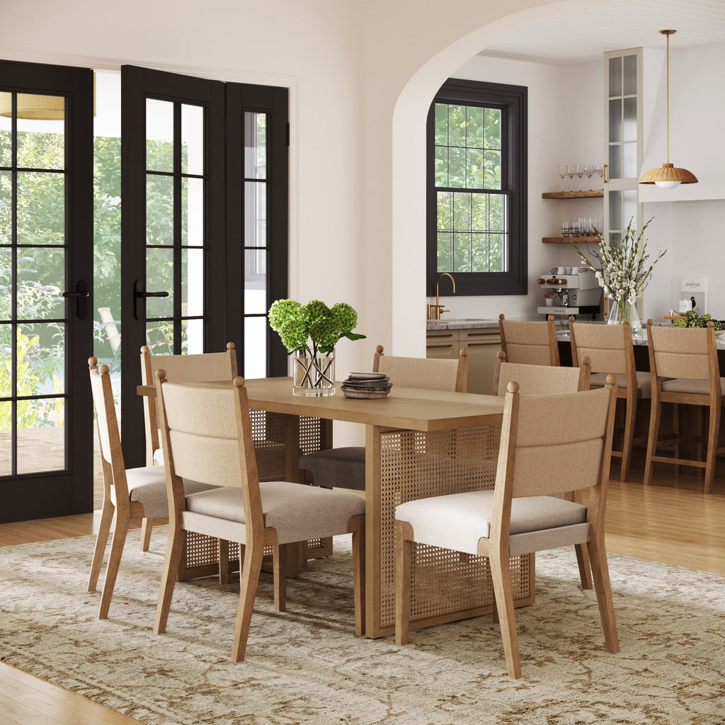 Rattan Dining Table with Flax Upholstered Chair Set of 6