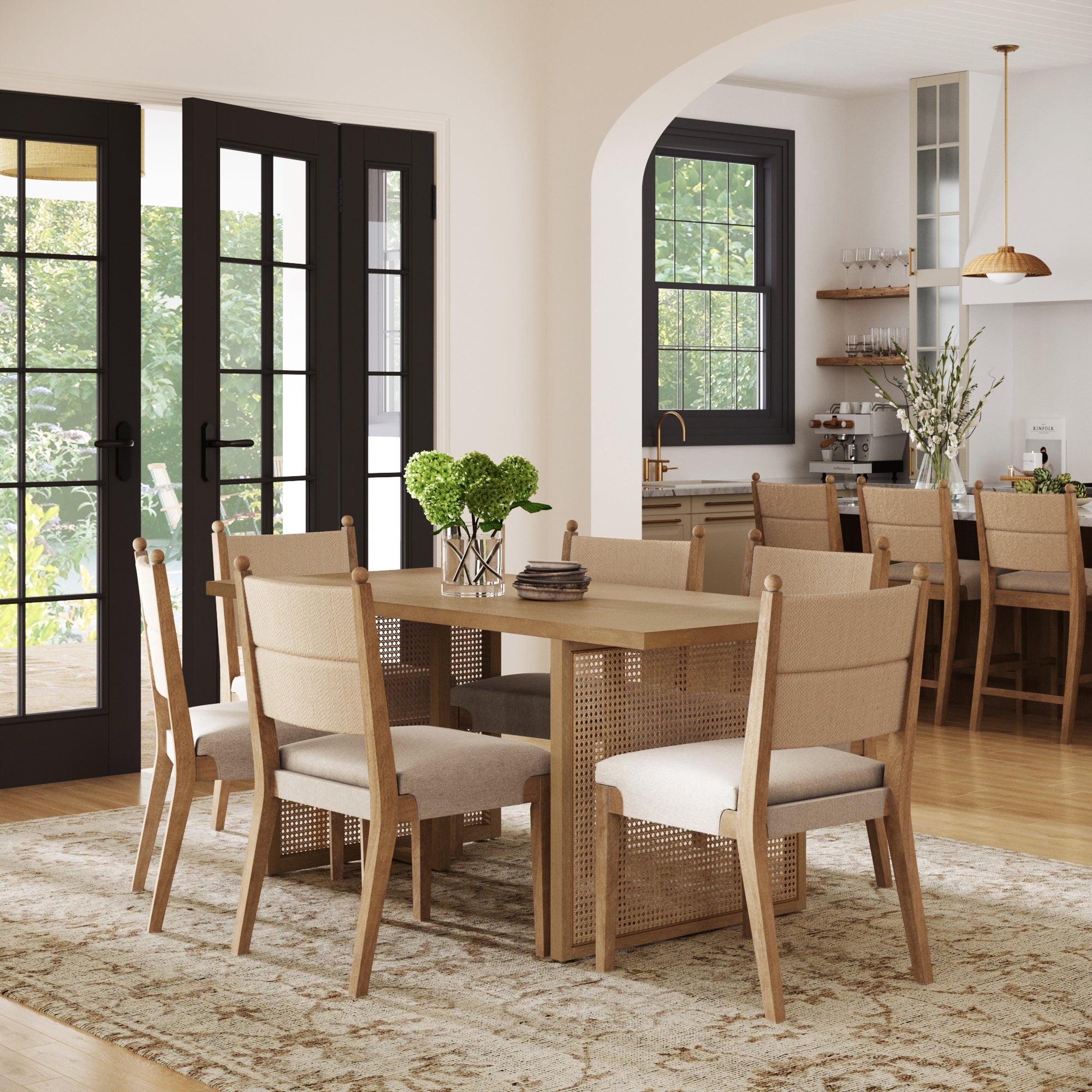 Rattan Dining Table with Flax Upholstered Chair Set of 6