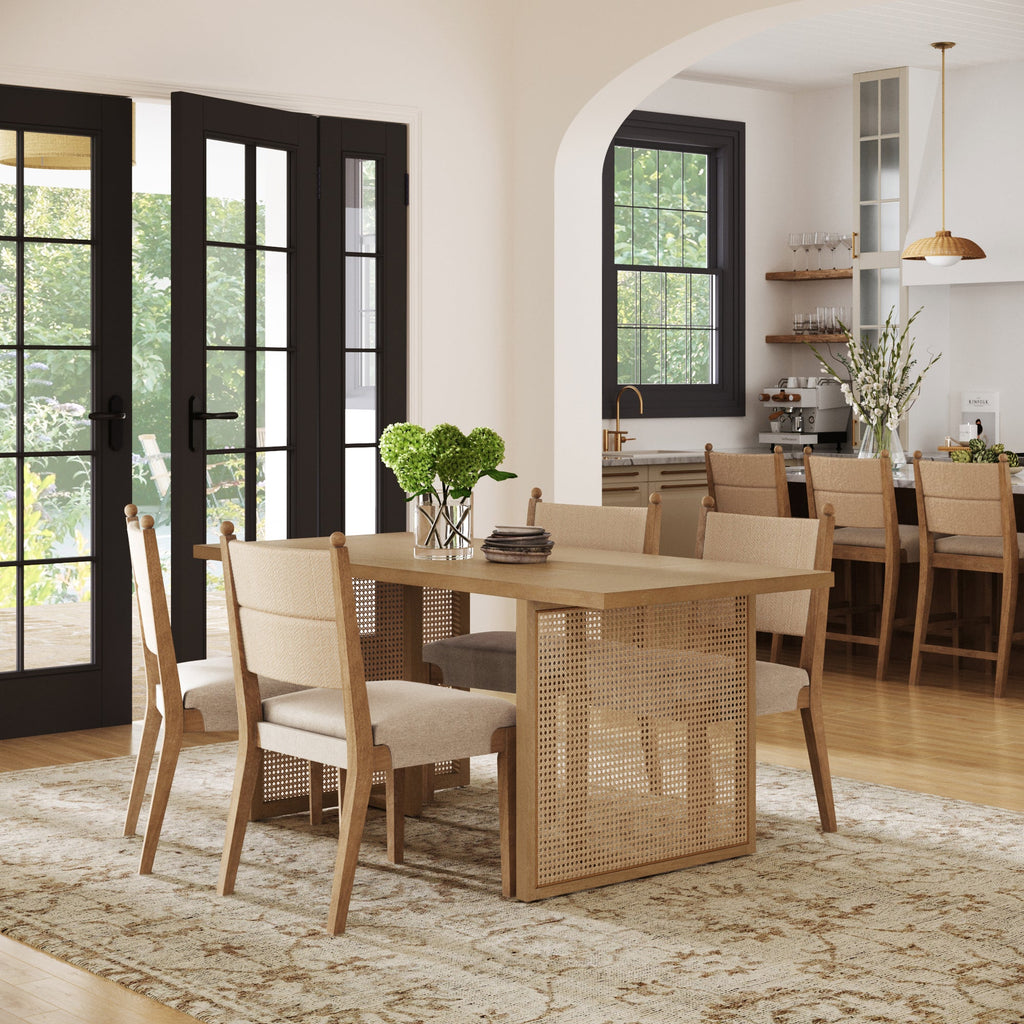 Rattan Dining Table with Flax Upholstered Chair Set of 4