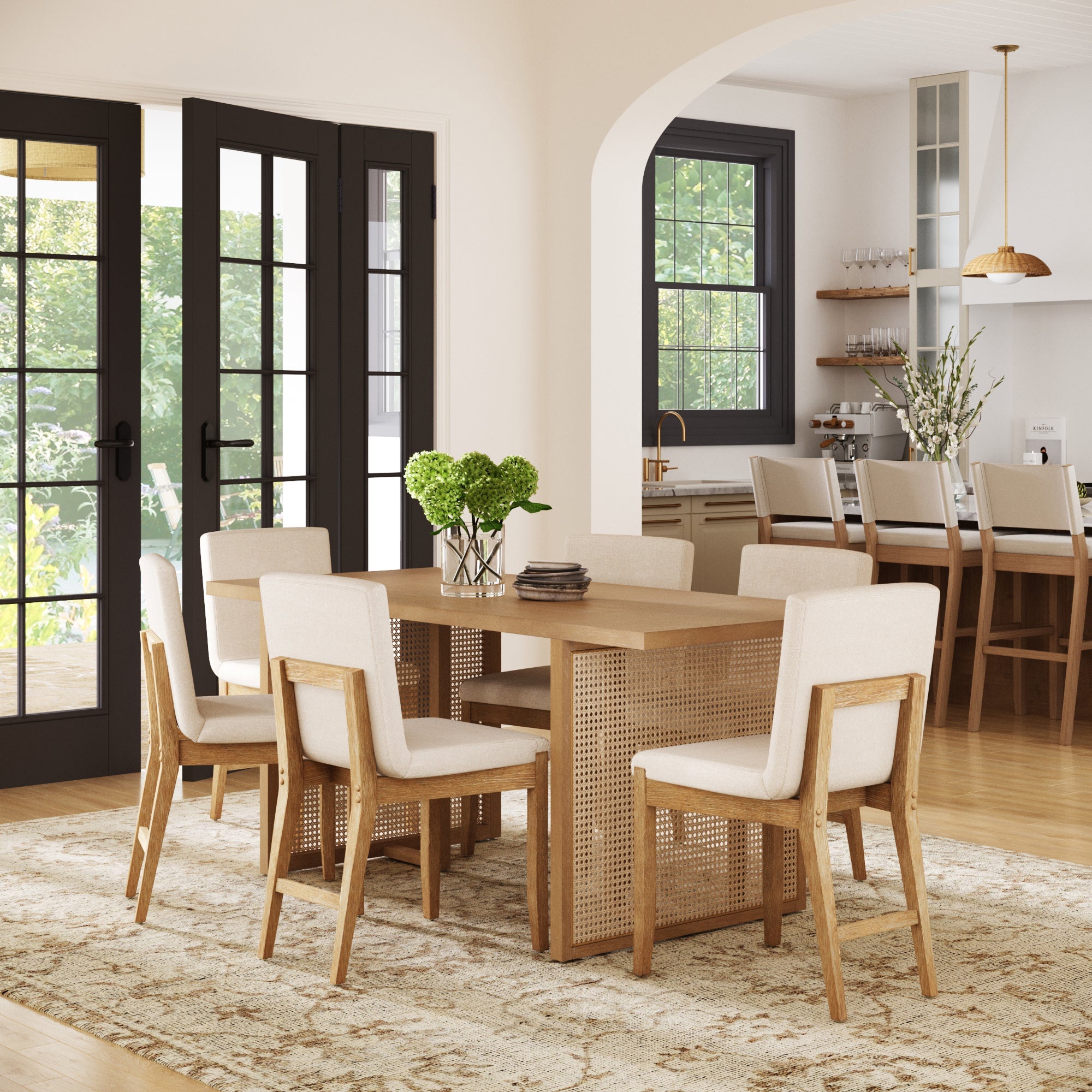 Rattan Boho Dining Set w/ Upholstered Dining Chair
