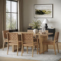 Rattan Boho Dining Table Set of 6 w/ Faux Leather Chair