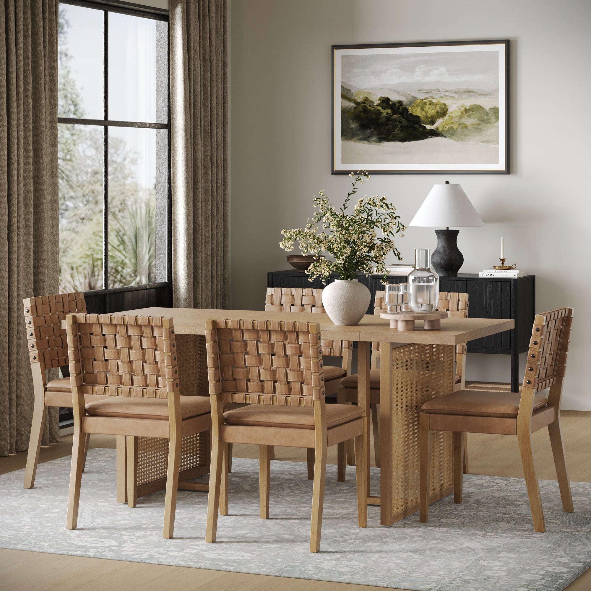 Rattan Boho Dining Table Set of 6 w/ Faux Leather Chair