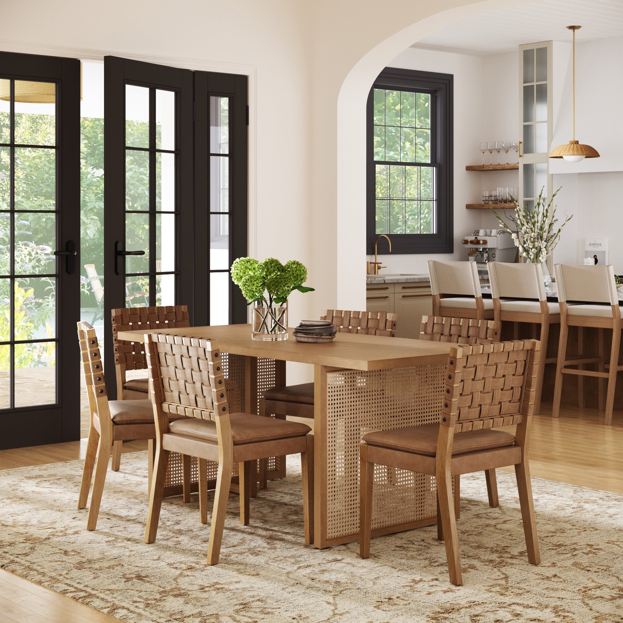 Rattan Boho Dining Table Set of 6 w/ Faux Leather Chair
