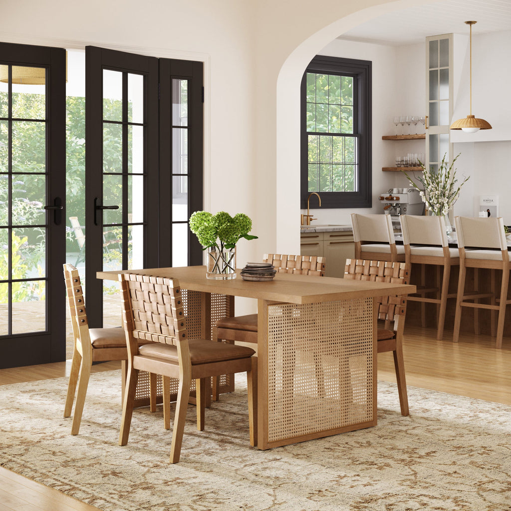 Rattan Boho Dining Table Set of 4 w/ Faux Leather Chair