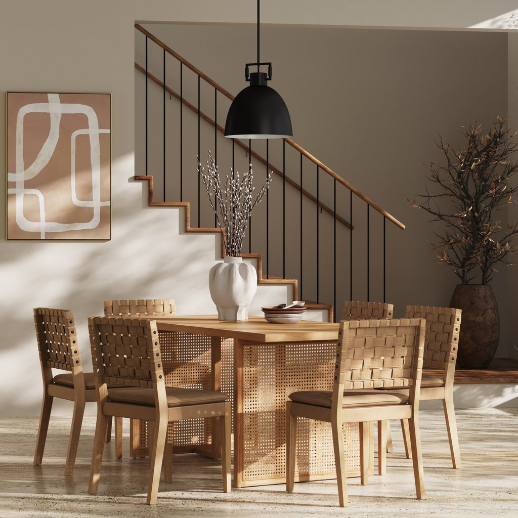 Woven Faux Leather & Rattan Dining Set (6 Chair)