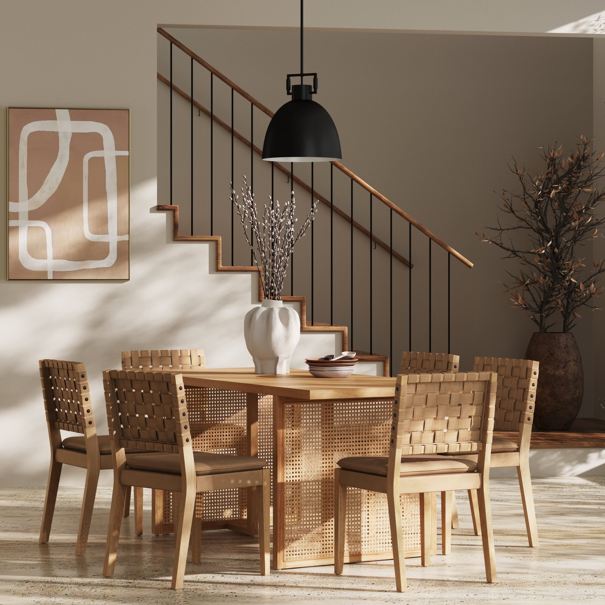 Woven Faux Leather & Rattan Dining Set (6 Chair)