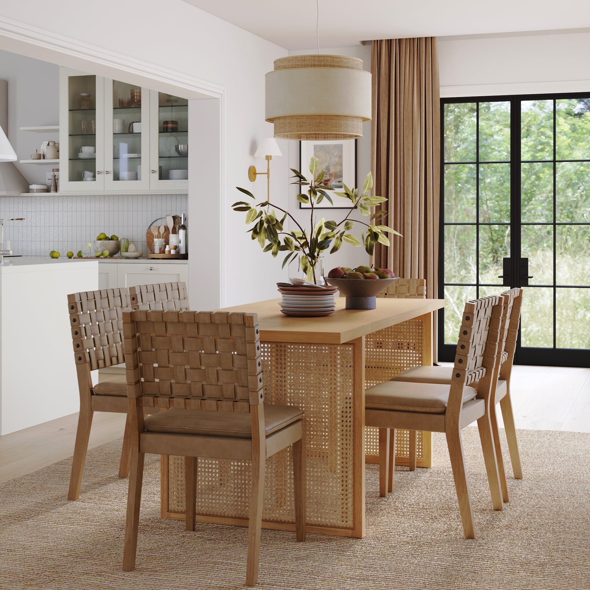 Woven Faux Leather & Rattan Dining Set (6 Chair)