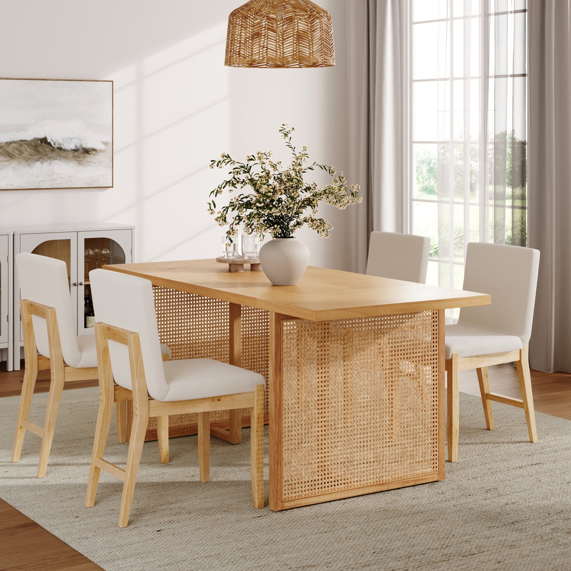 Bohemian Wood & Boucle Dining Set (4 Chair)