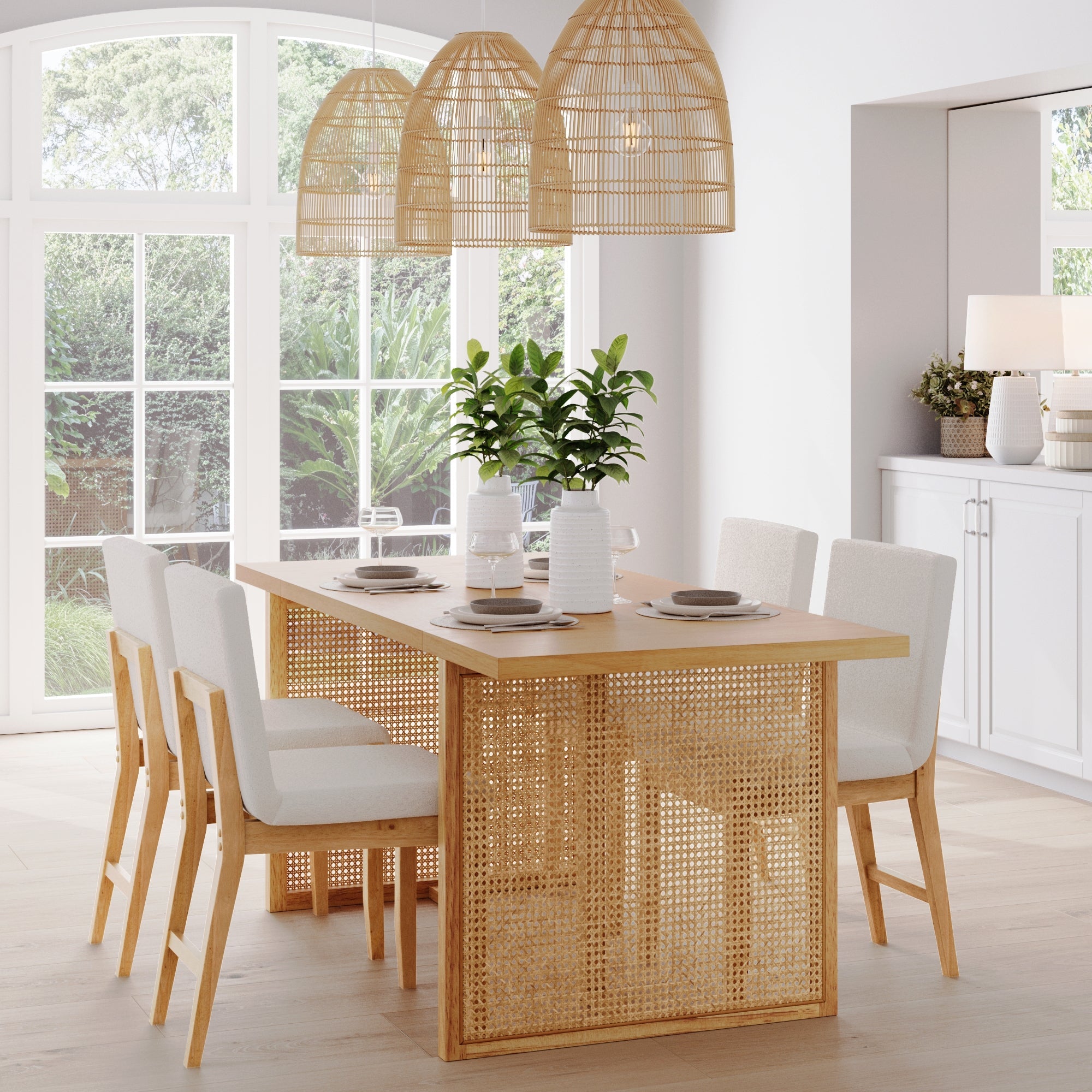 Bohemian Wood & Boucle Dining Set (4 Chair)