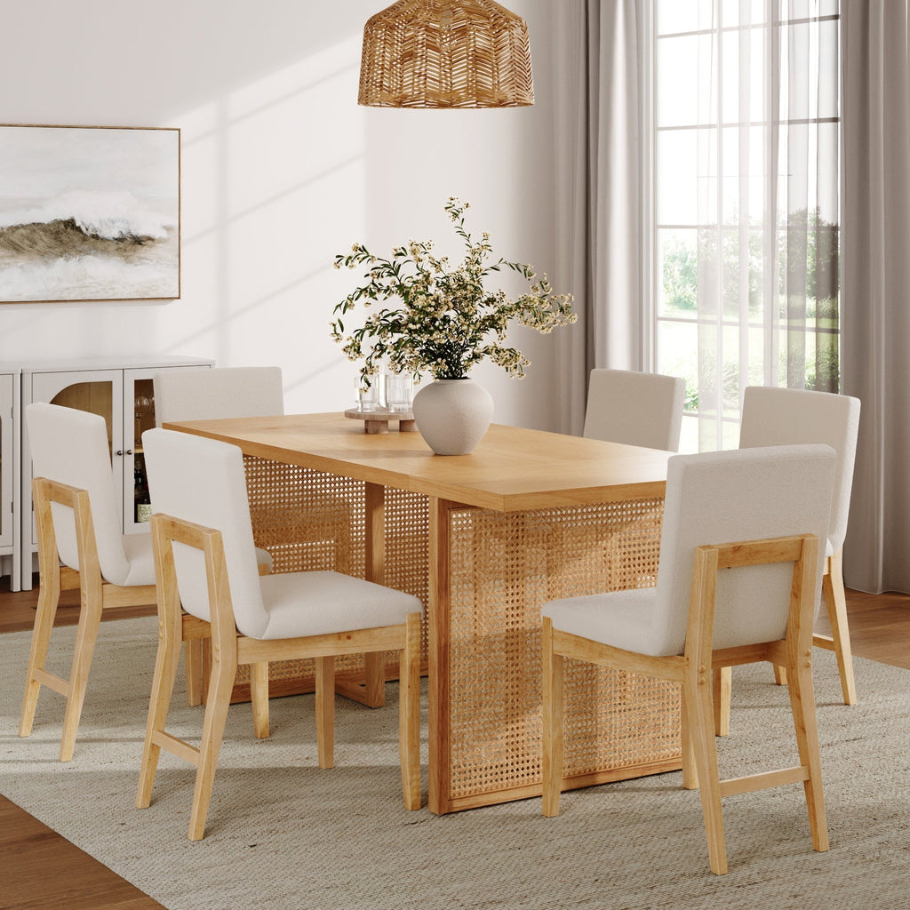 Bohemian Wood & Boucle Dining Set (6 Chair)