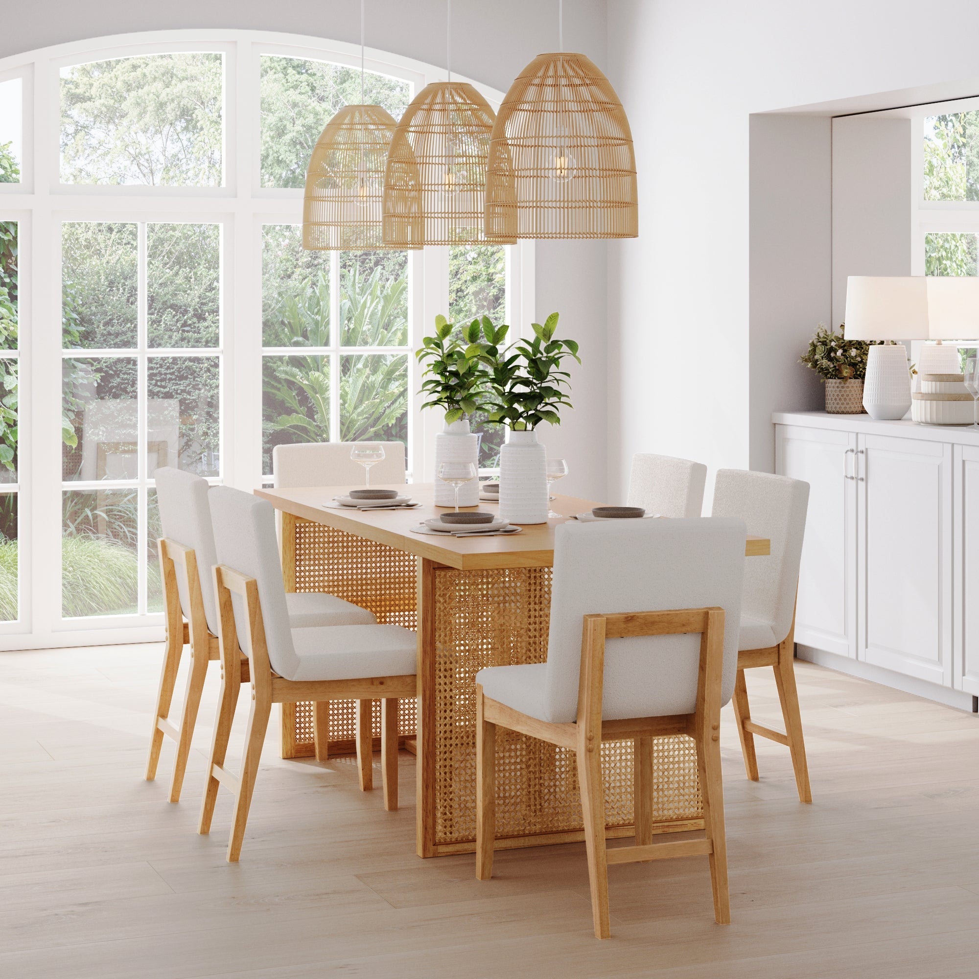 Bohemian Wood & Boucle Dining Set (6 Chair)