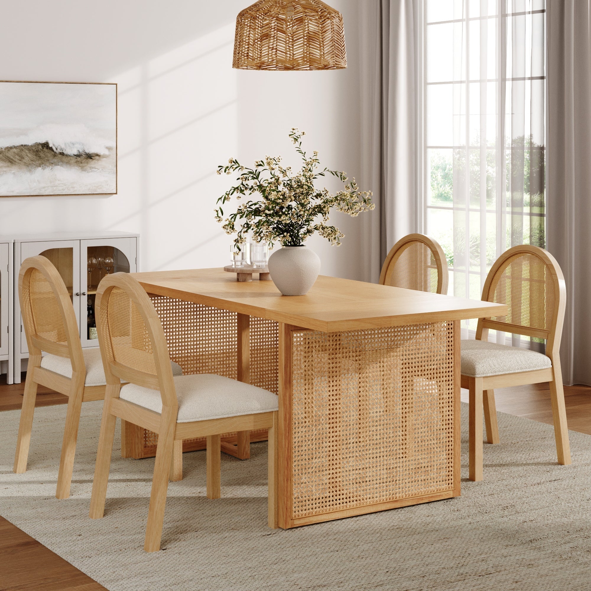 Bohemian Rattan & Boucle Dining Set (4 Chair)
