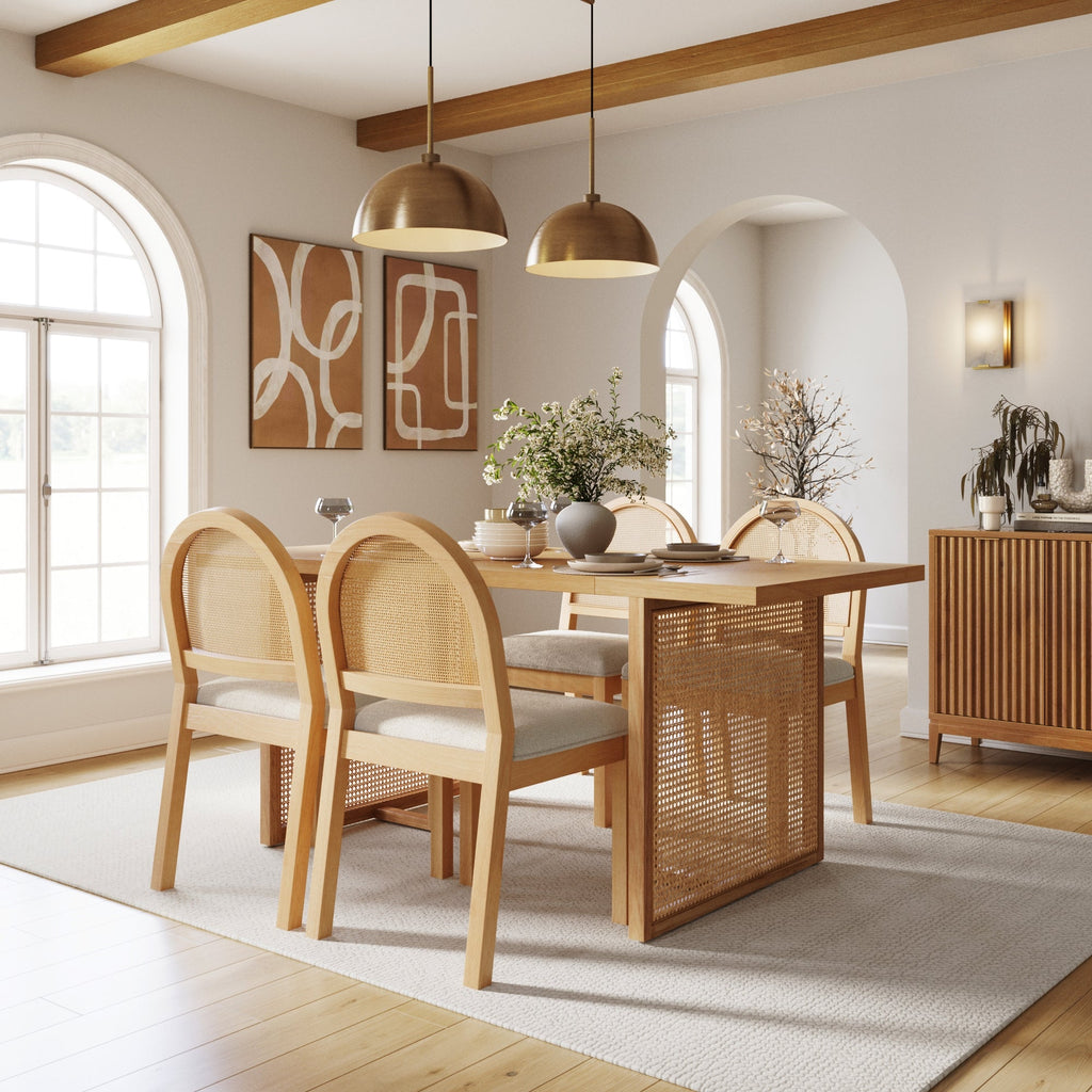 Bohemian Rattan & Boucle Dining Set (4 Chair)