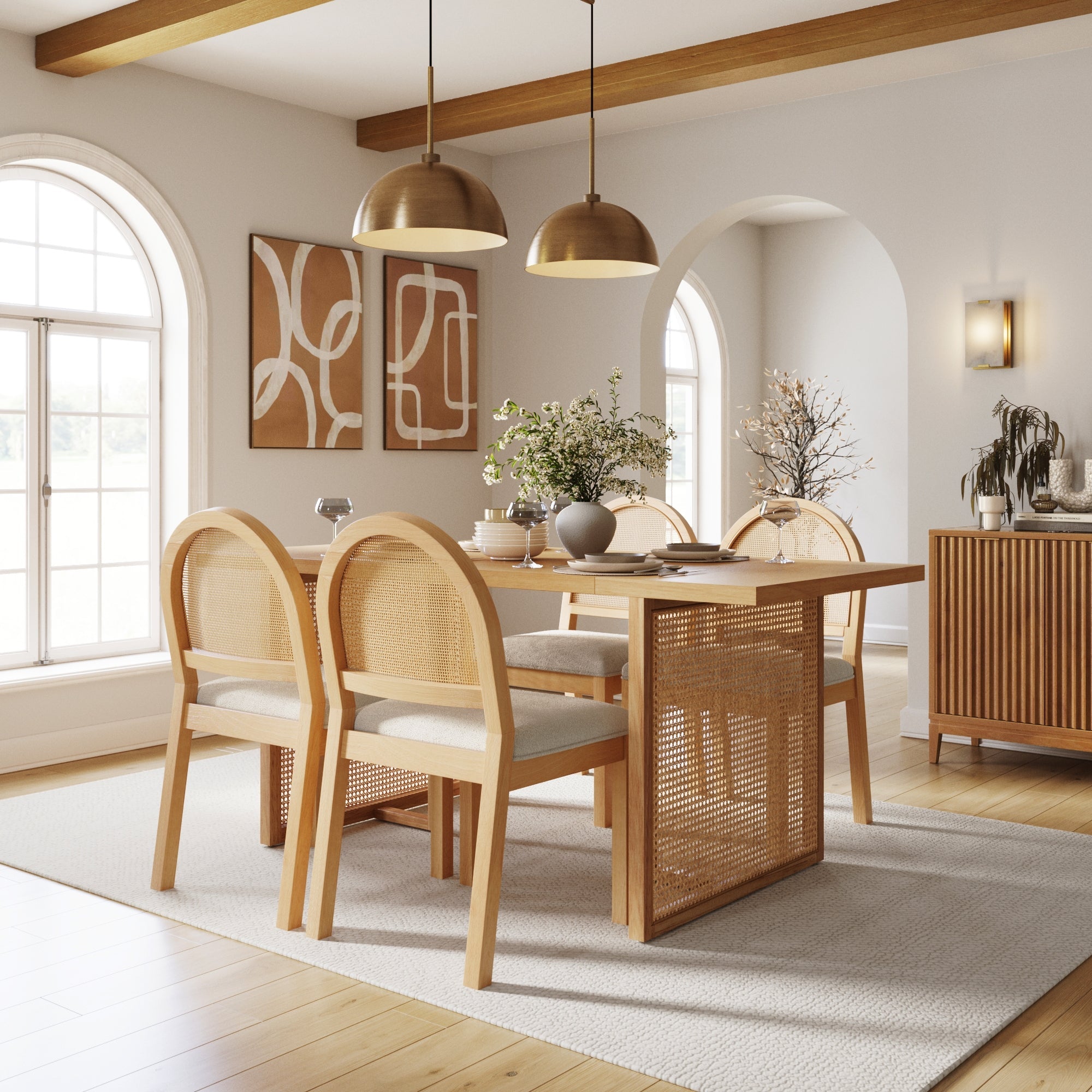 Bohemian Rattan & Boucle Dining Set (4 Chair)