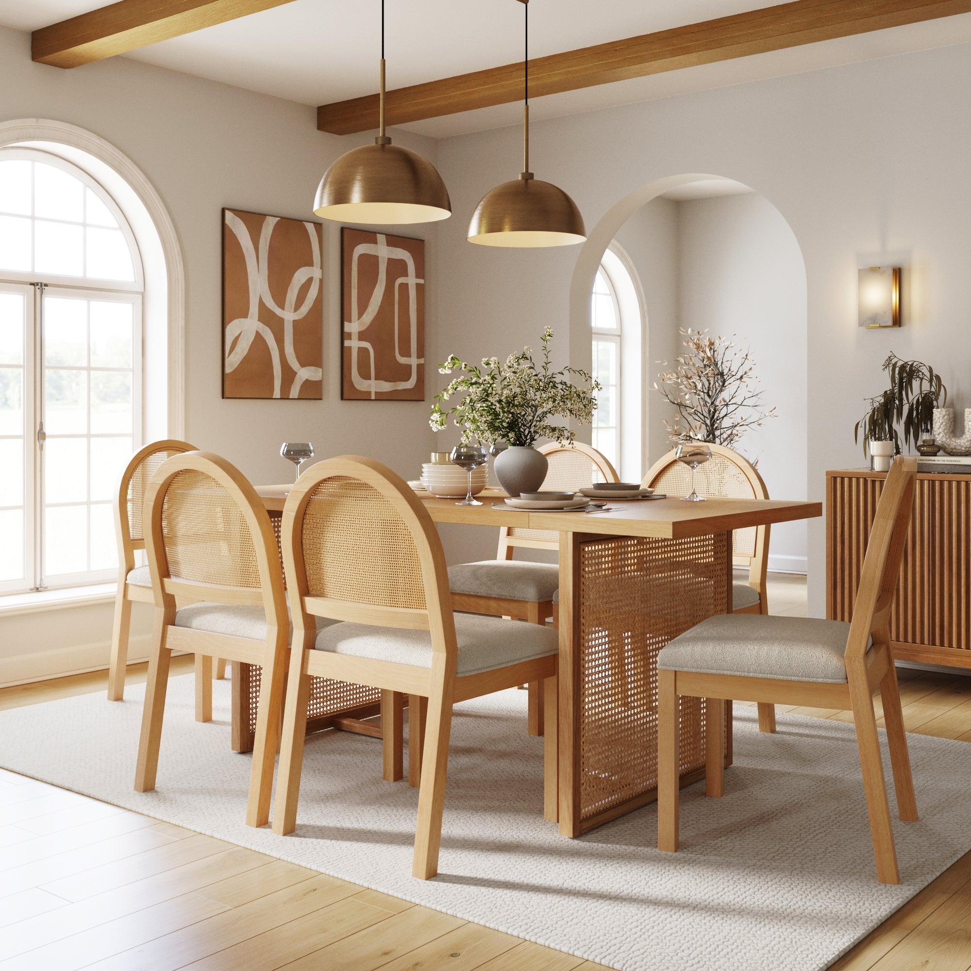 Bohemian Rattan & Boucle Dining Set (6 Chair)
