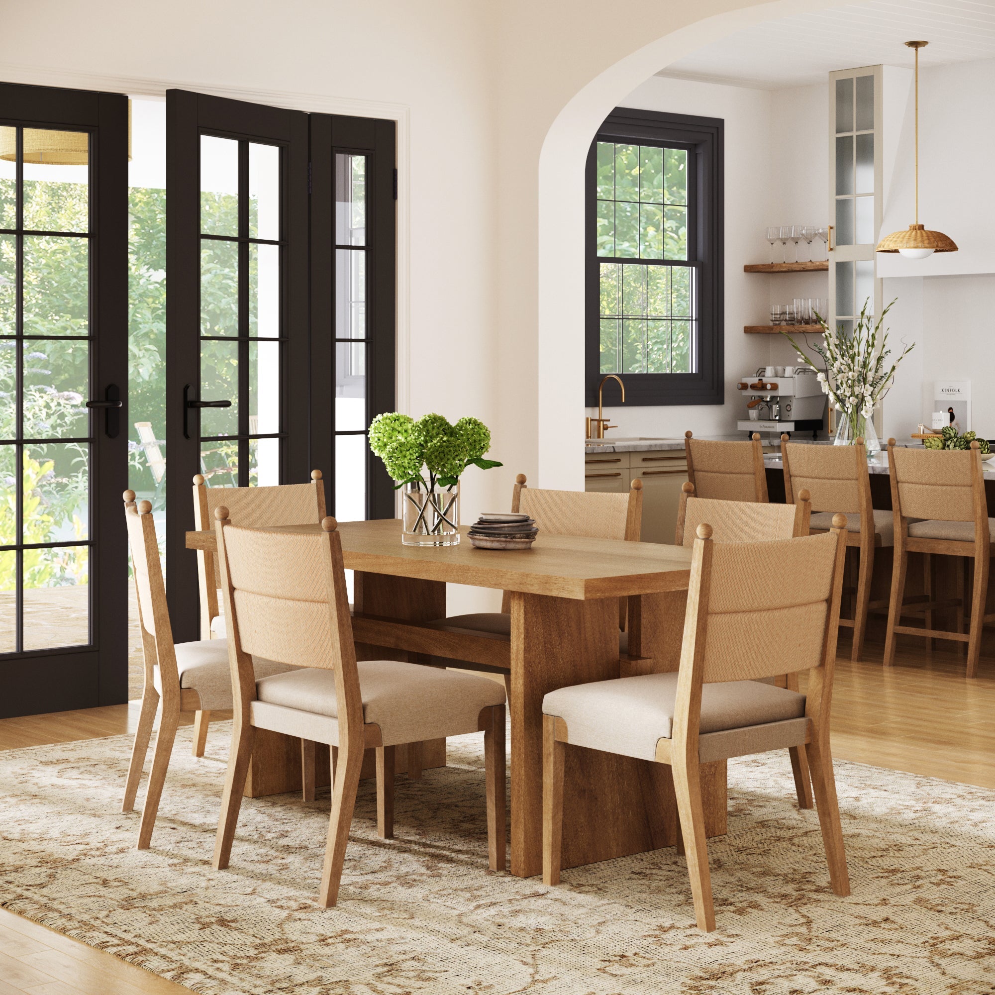 Boho Solid Wood Dining Set Light Brown (6 Chair)