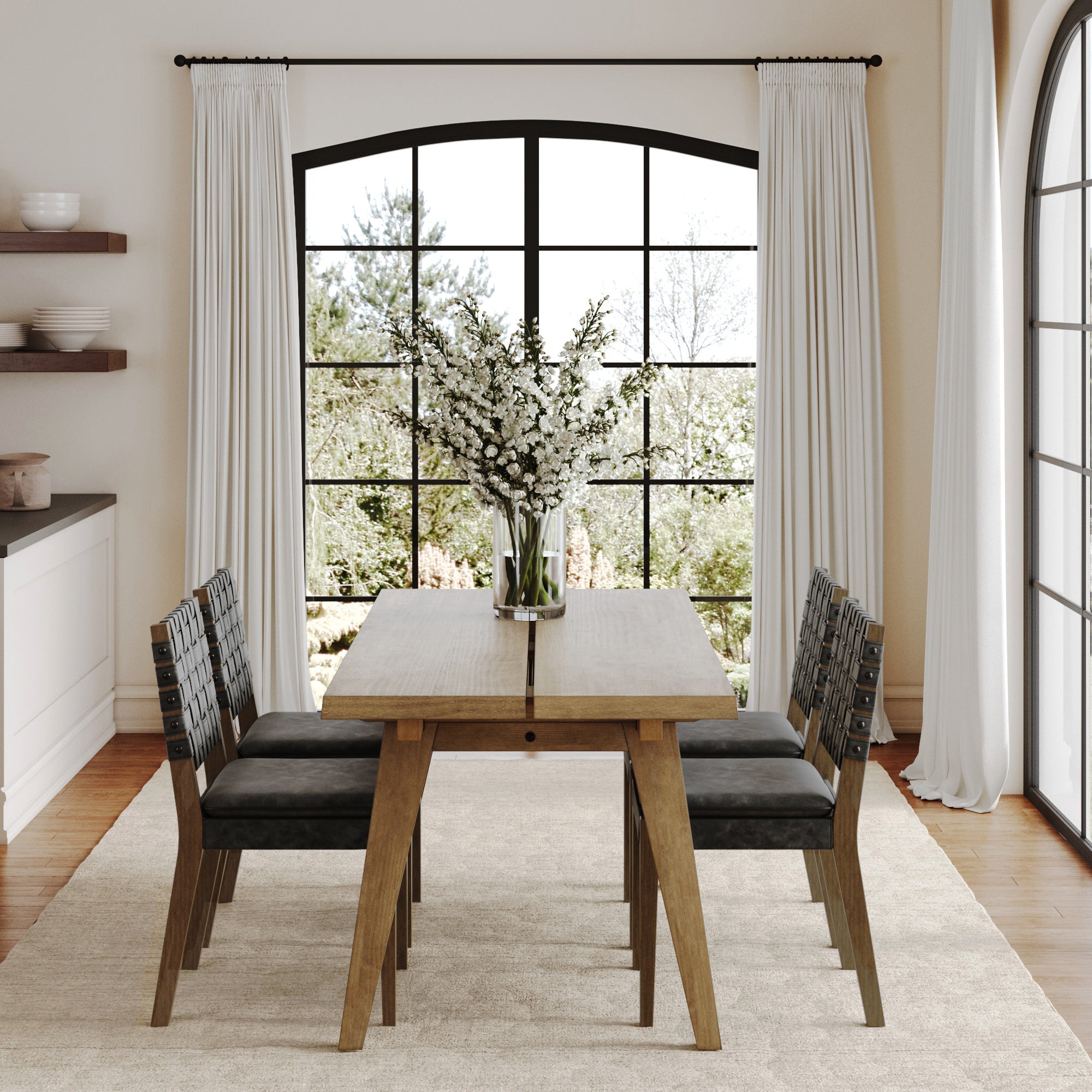 Mid Century Faux Leather Dining Set Black (4 Chair)