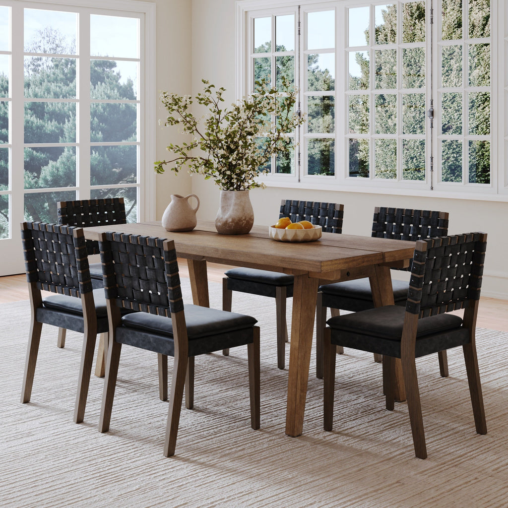 Mid Century Faux Leather Dining Set Black (6 Chair)