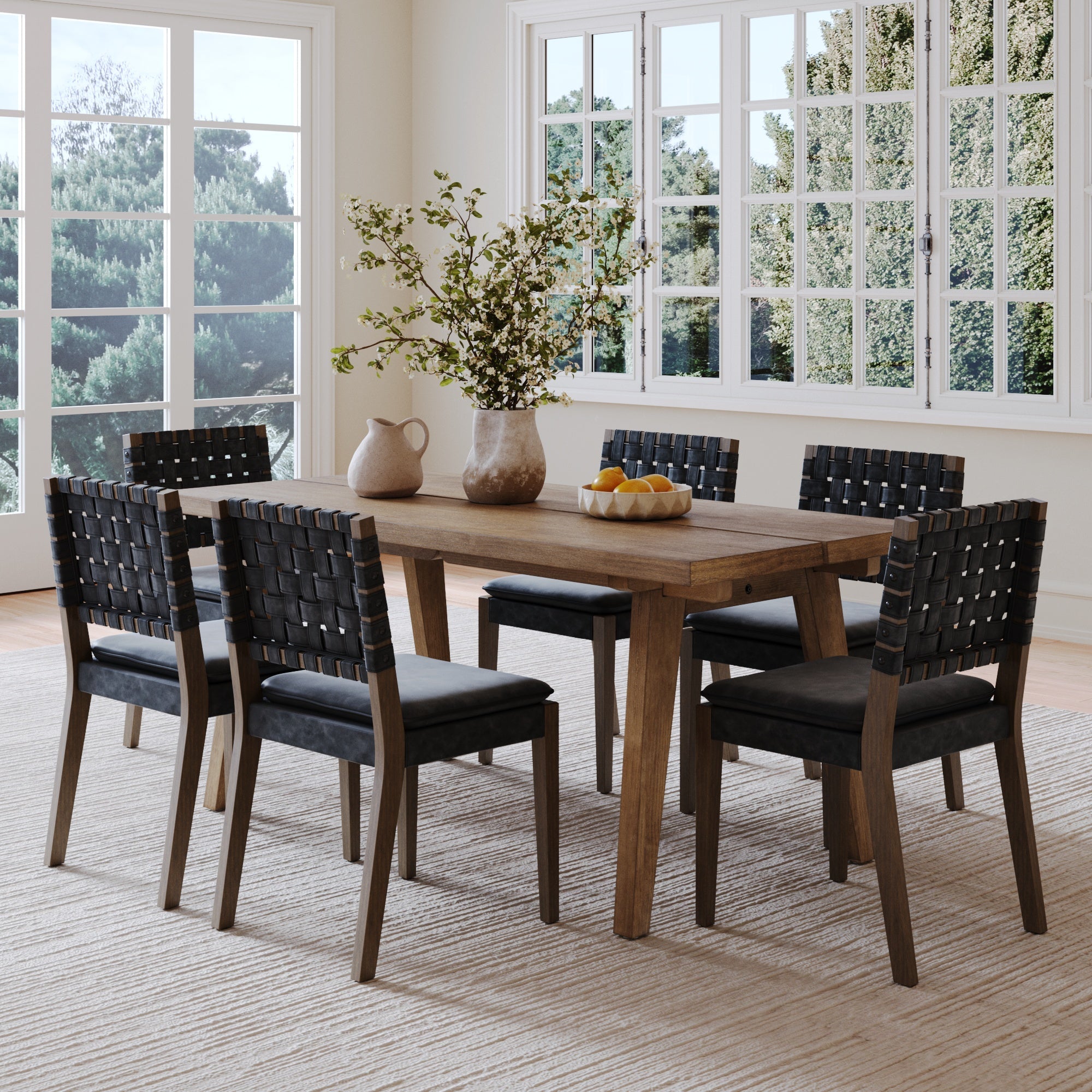 Mid Century Faux Leather Dining Set Black (6 Chair)