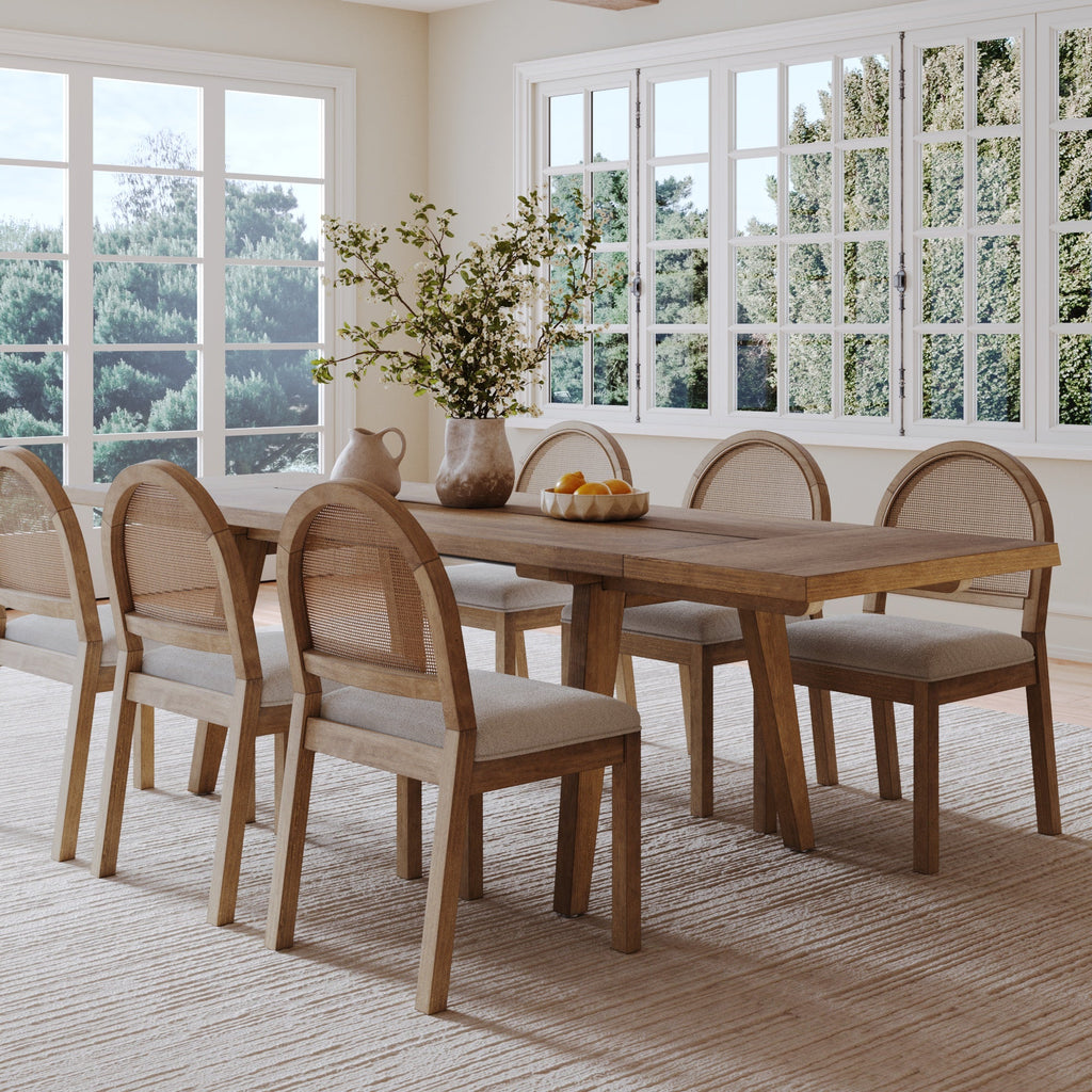 Extendable Boho Rattan Dining Table Set (6 Chair)