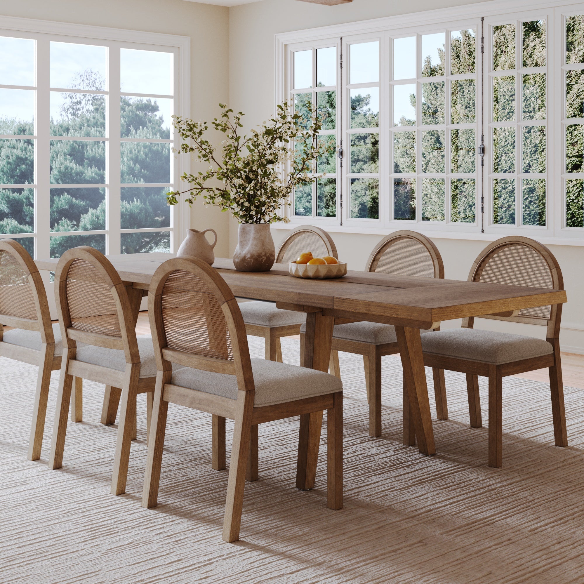 Extendable Boho Rattan Dining Table Set (6 Chair)