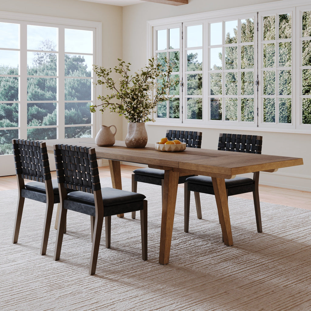 Extendable Woven Faux Leather Dining Set Black (4 Chair)