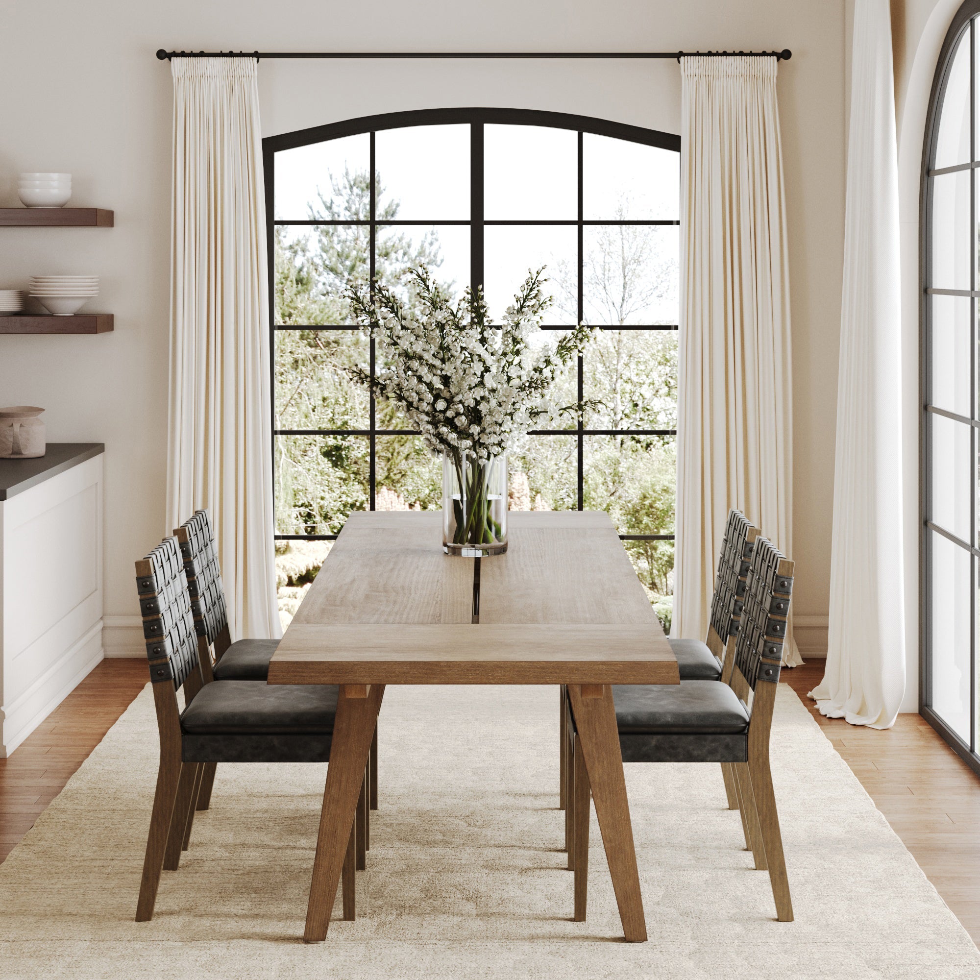 Extendable Woven Faux Leather Dining Set Black (4 Chair)