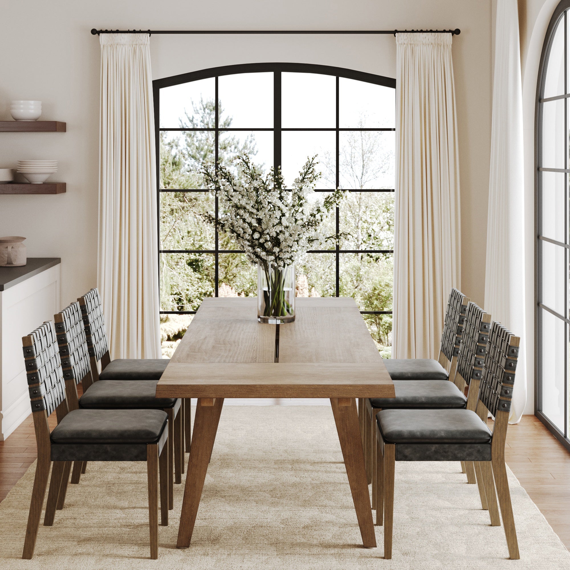 Extendable Woven Faux Leather Dining Set Black (6 Chair)
