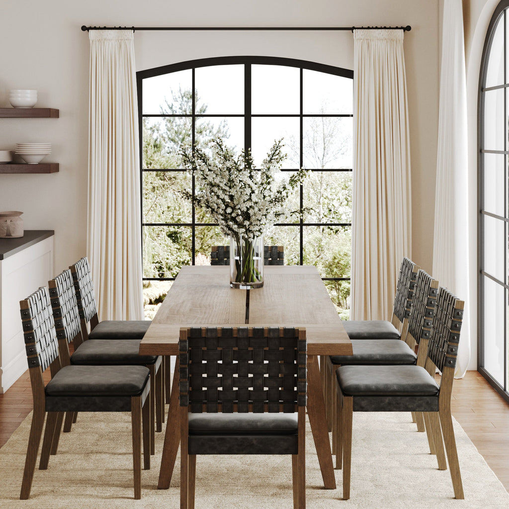 Extendable Woven Faux Leather Dining Set Black (8 Chair)