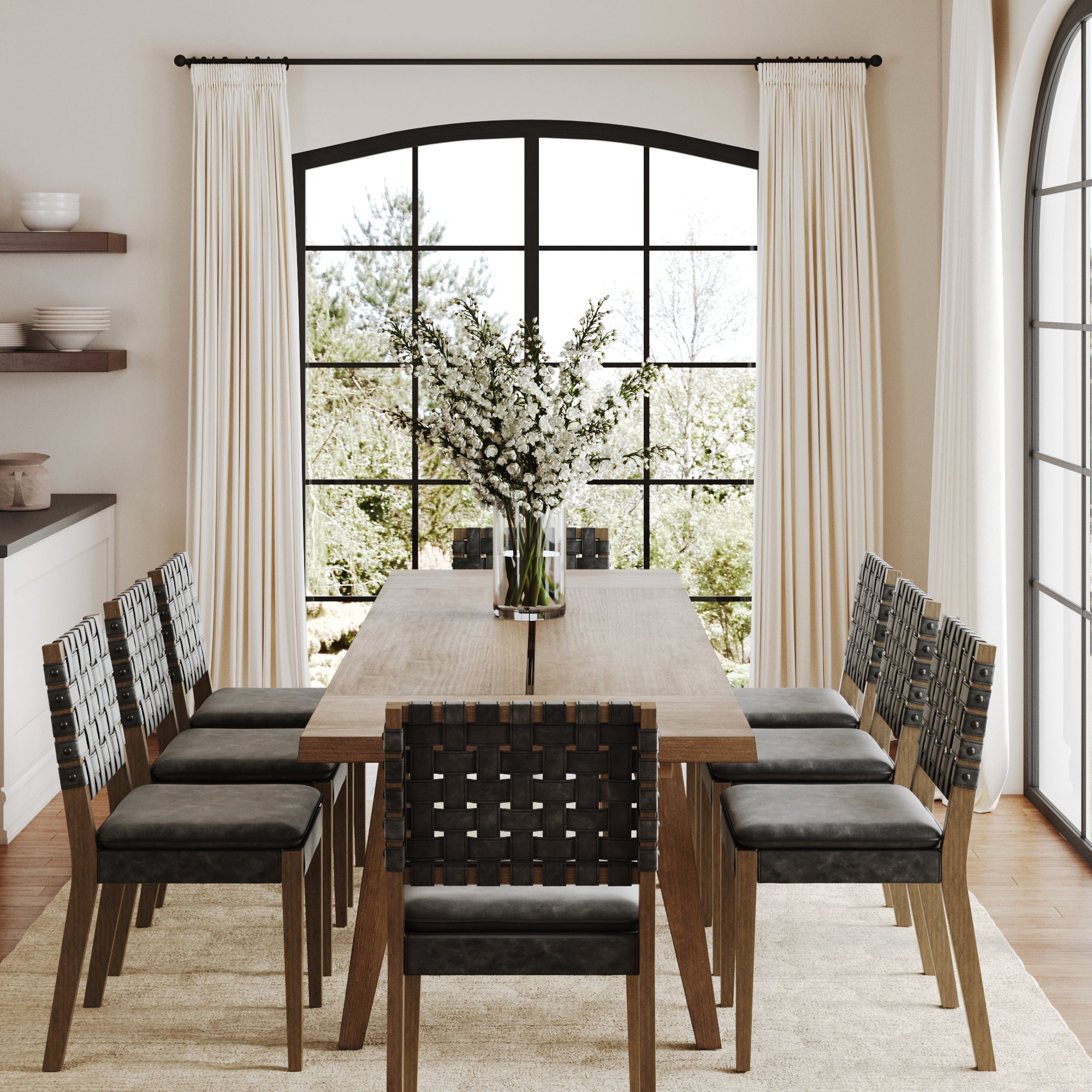Extendable Woven Faux Leather Dining Set Black (8 Chair)