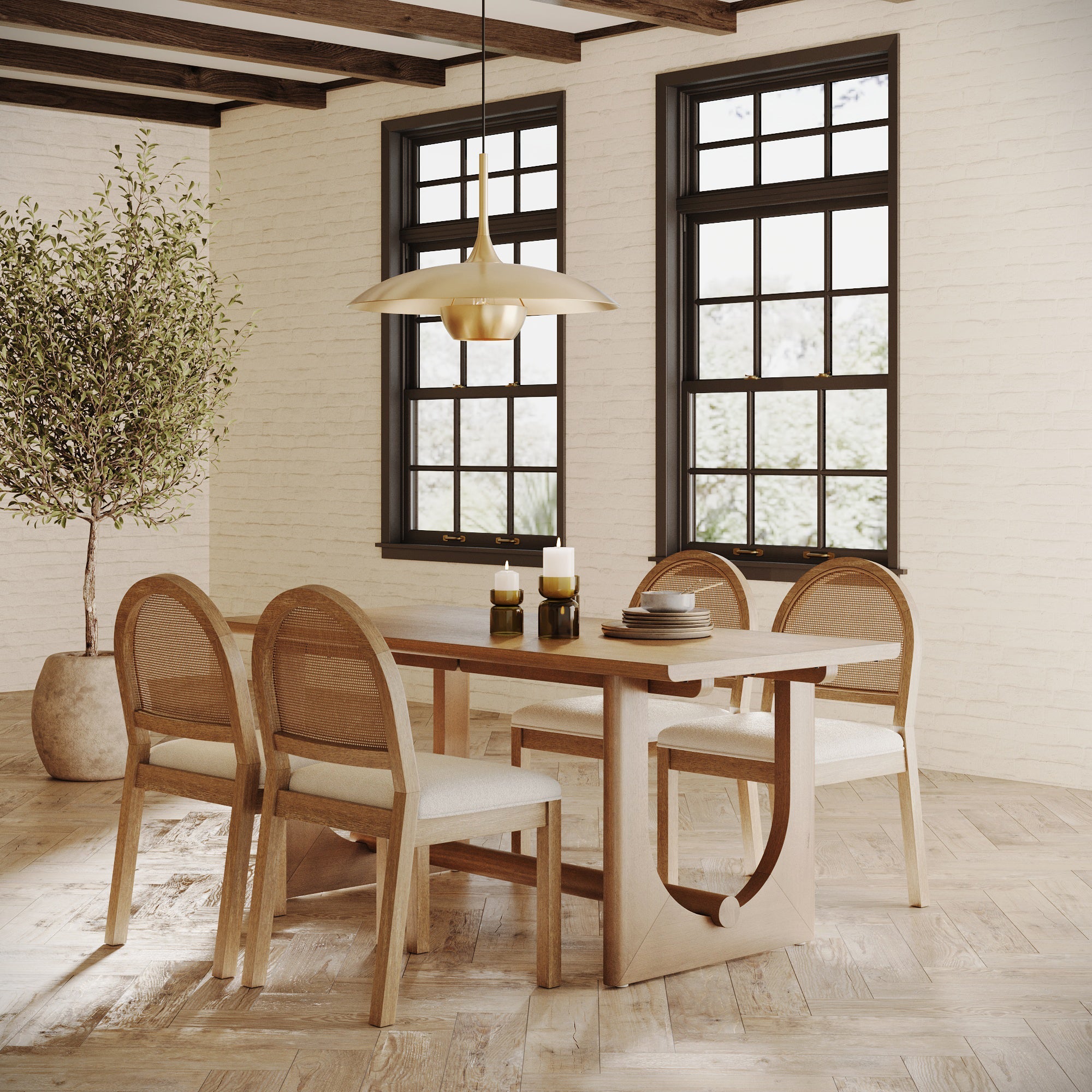Mid-Century Rattan Boucle Dining Table Set (4 Chair)