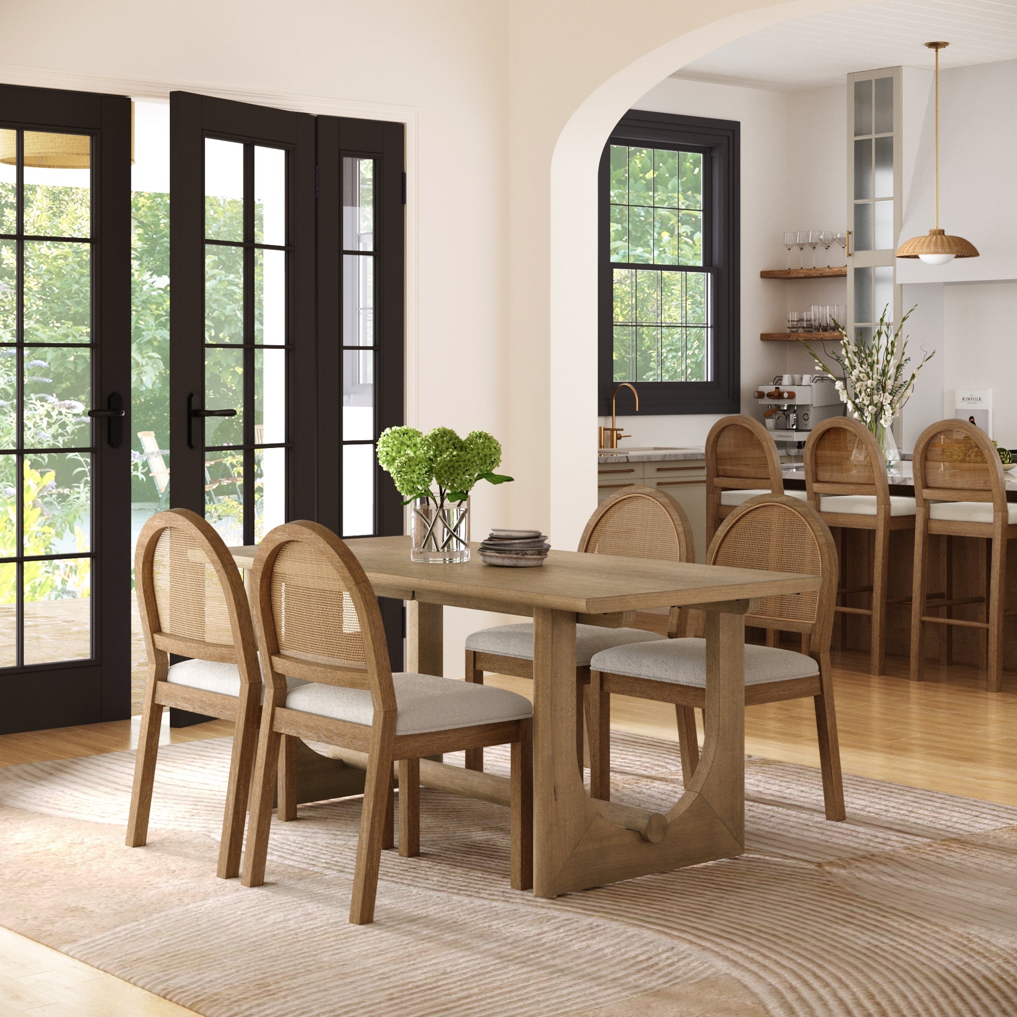 Mid-Century Rattan Boucle Dining Table Set (4 Chair)